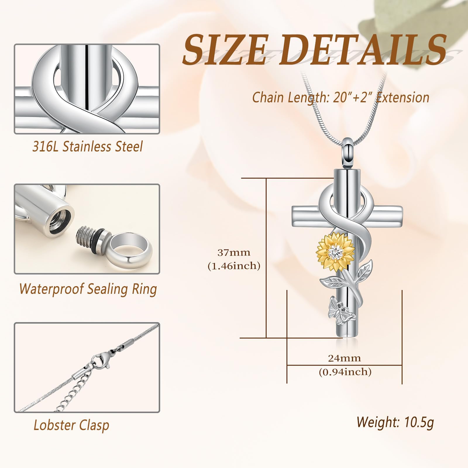 Sunflower Cross Urn Necklace for Ashes - Cremation Jewelry for Women, Pets & Loved Ones - Keepsake Memorial Pendant for Sunshine Remembrance - Perfect for Funerals, Memorials & Everyday Wear