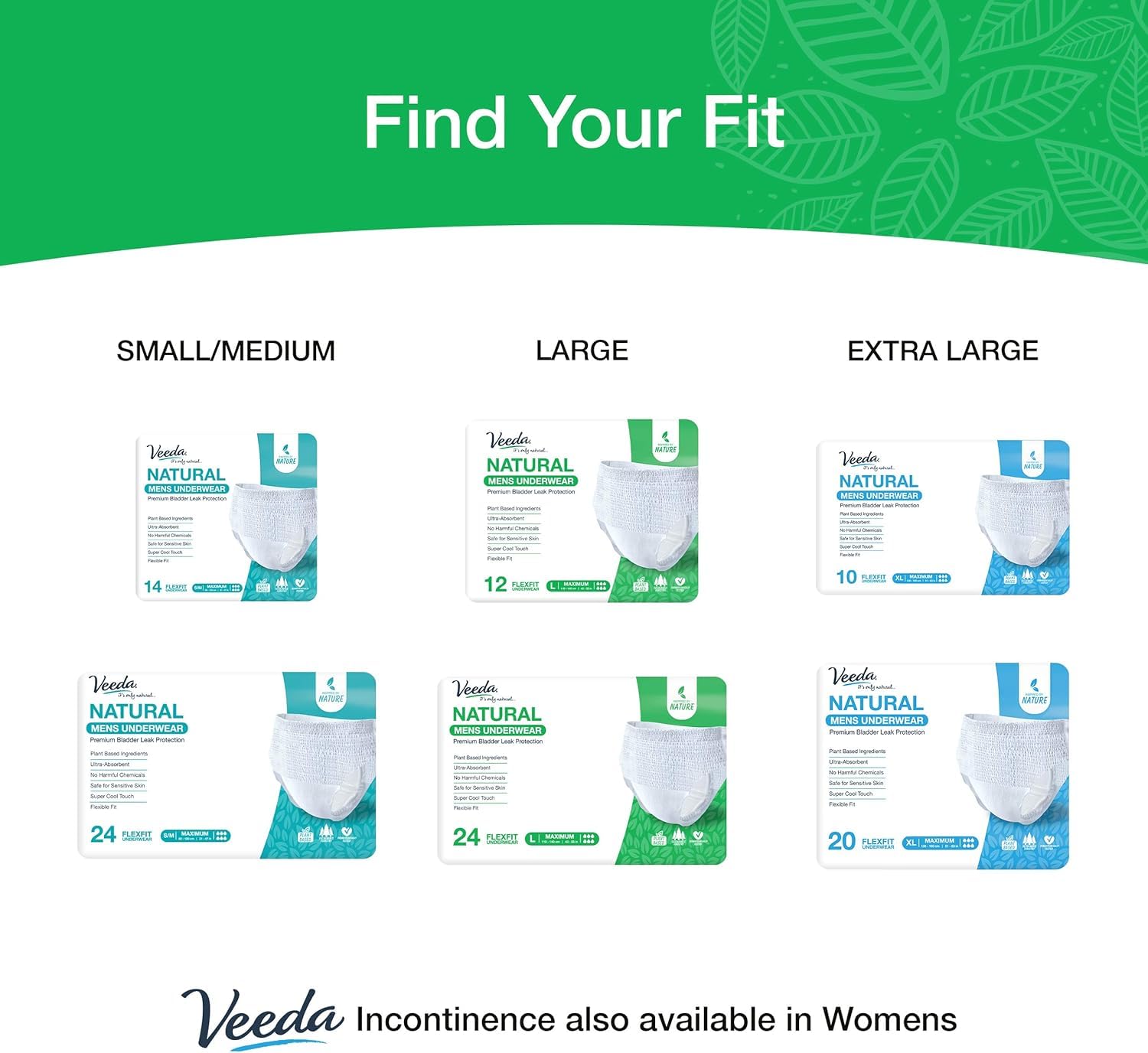Veeda Natural Adult Incontinence Underwear for Men - Disposable Bladder Leakage Protection with Maximum Absorbency - Large Size (72 Count) - Ideal for Nighttime Use, Travel & Active Lifestyles