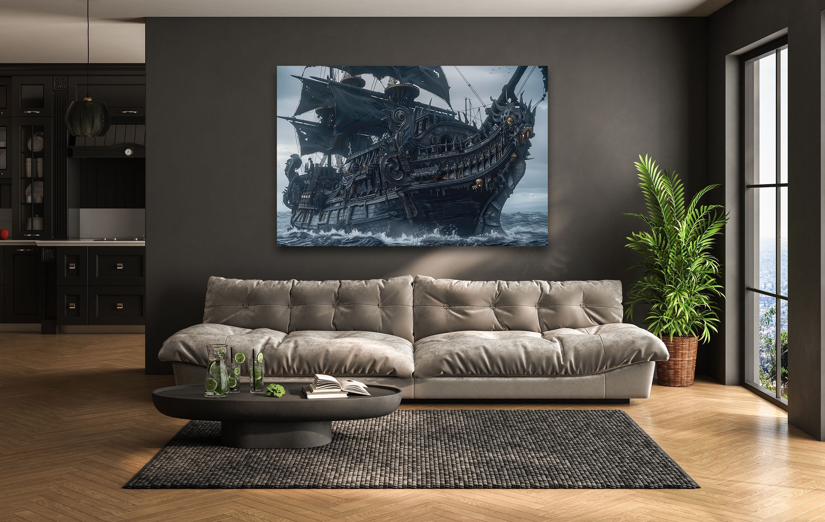 Large Pirate Ship Glass Wall Art Decor - Nautical Theme Stained Glass Window Hanging for Living Room, Bedroom, or Office