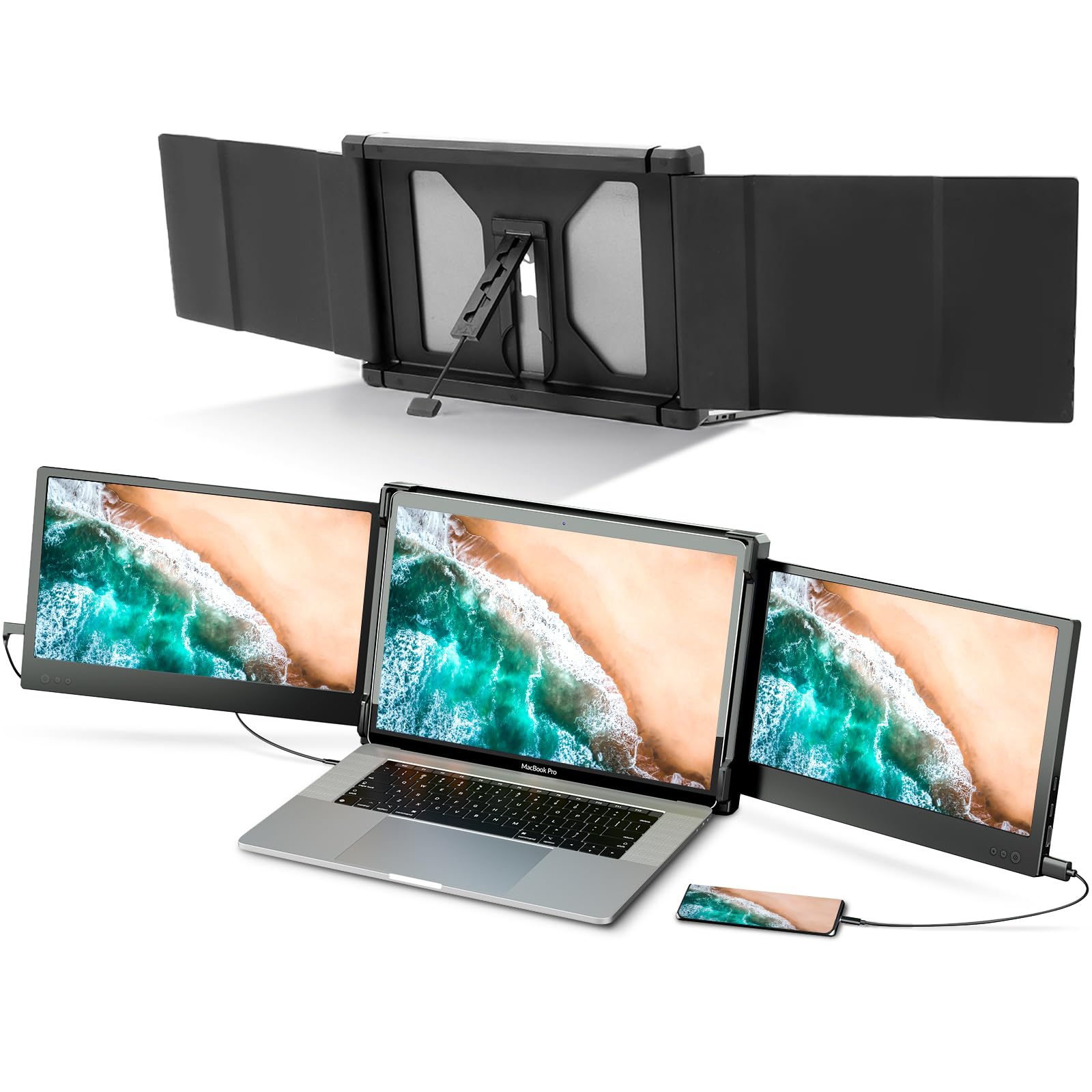 Alecewey P2 Triple Portable Monitor for Laptop - 12 Inch FHD 1080P IPS Display with USB-C/HDMI Ports, Built-in Speakers - Compatible with Mac, Windows, Phone (13-16 Inch) - Perfect for Office Work, Gaming & Multi-Tasking