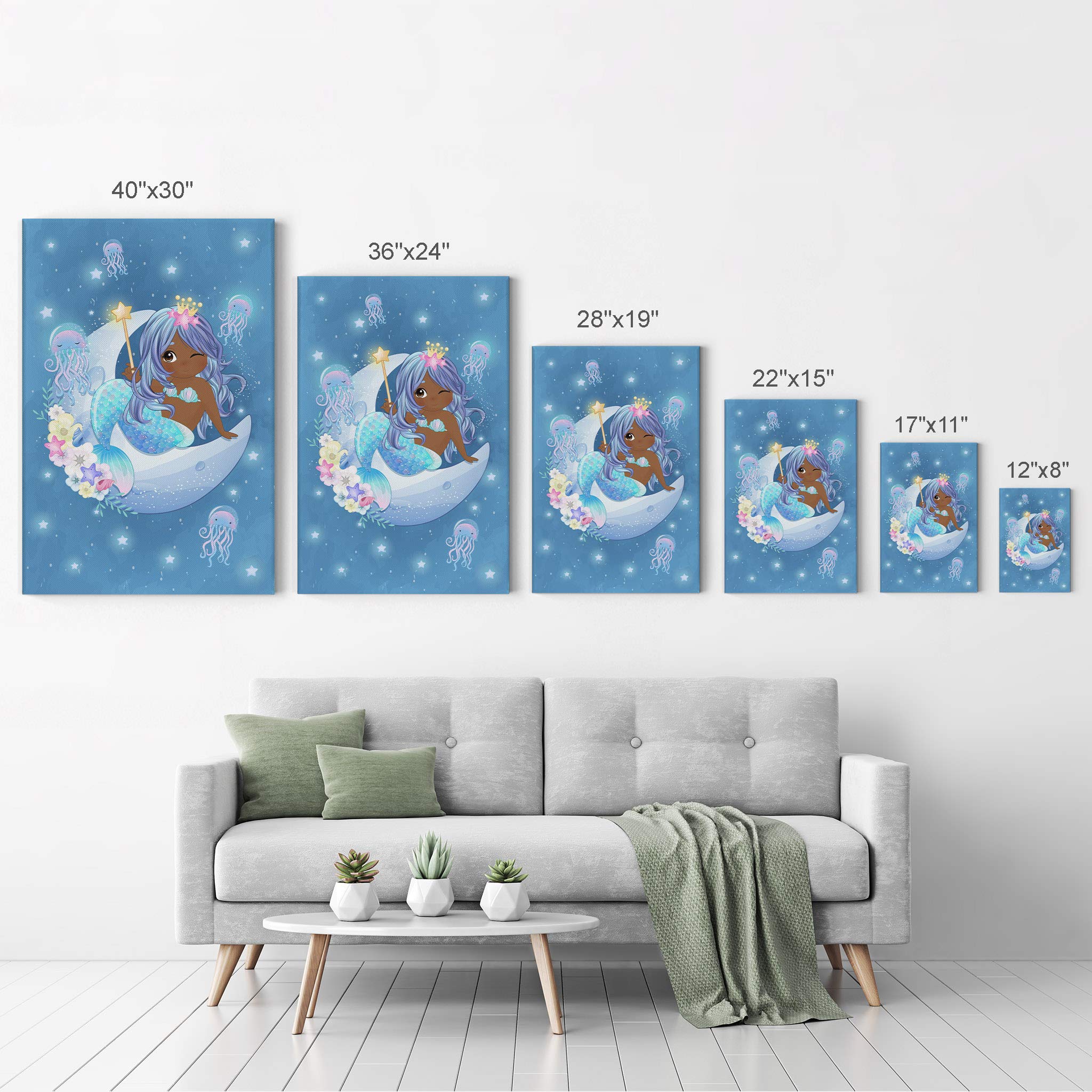 African American Mermaid Girl Sitting on Crescent Moon & Stars Night Canvas Print - Blue Haired Kid Room Nursery Wall Art, Black Baby Decor, Ready to Hang 17x11 - Perfect for Children's Bedroom, Playroom & Nursery Wall Decor