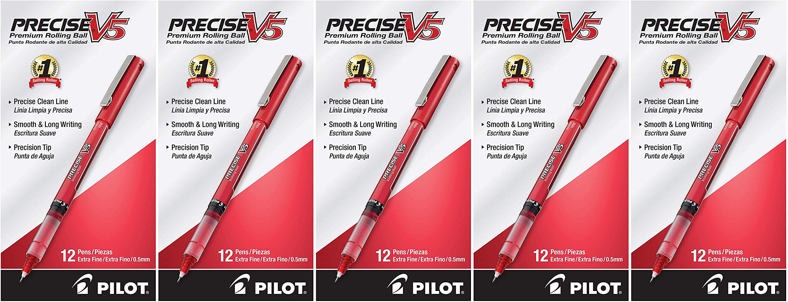 PILOT Precise V5 Stick Liquid Ink Rolling Ball Pens - Extra Fine Point (0.5mm) - Red Ink - 12 Count (5 Pack) - Perfect for Office, School, Note Taking & Art Projects