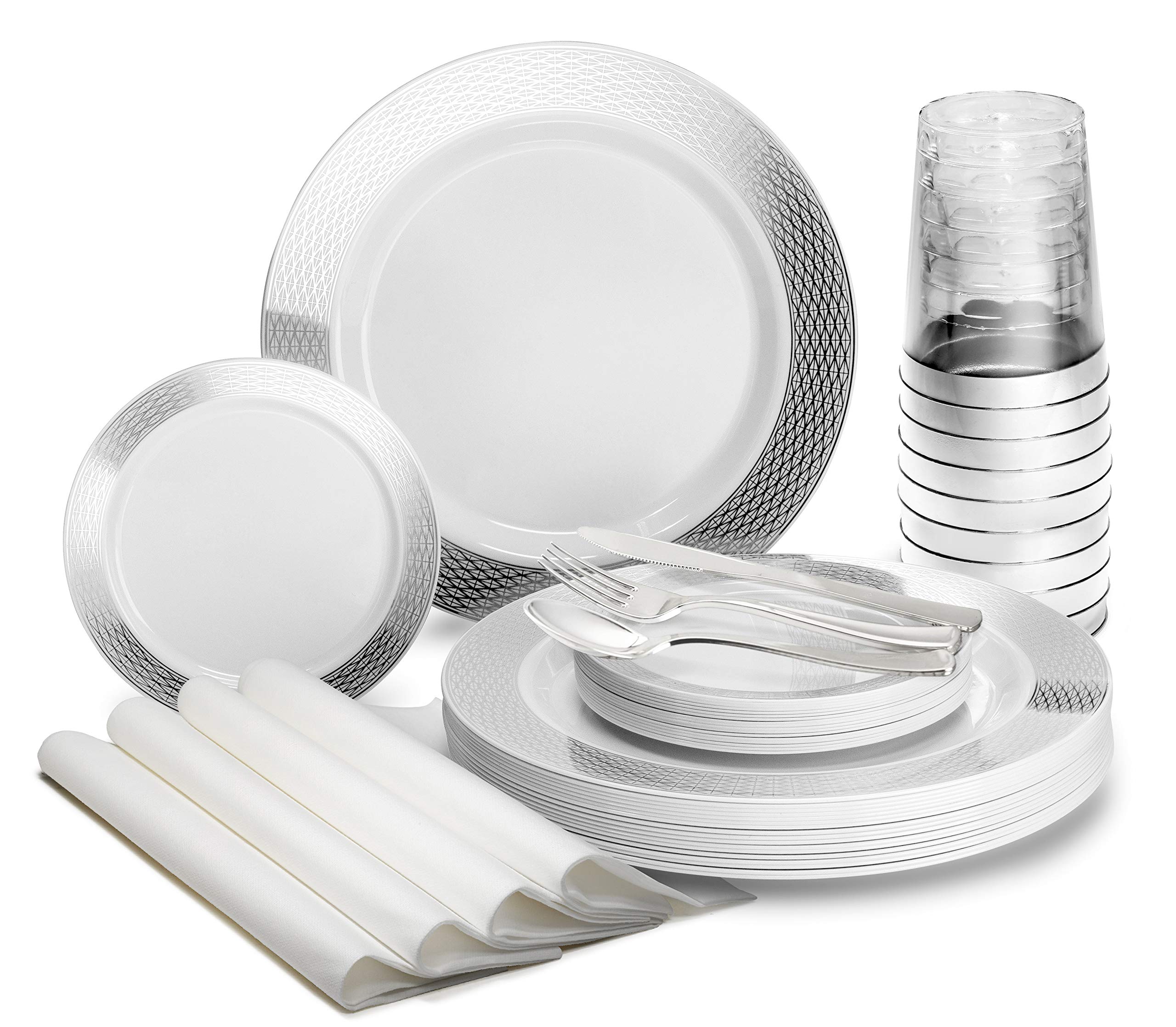 175-Piece Heavyweight Disposable Plastic Plate Set for Weddings & Parties - 25 x 10.5'' Dinner Plates, 25 x 6.25'' Dessert Plates, Silverware, Cups & Napkins in Diamond White & Silver - Perfect for 25 Guests at Weddings, Bridal Showers, Anniversaries & Formal Events