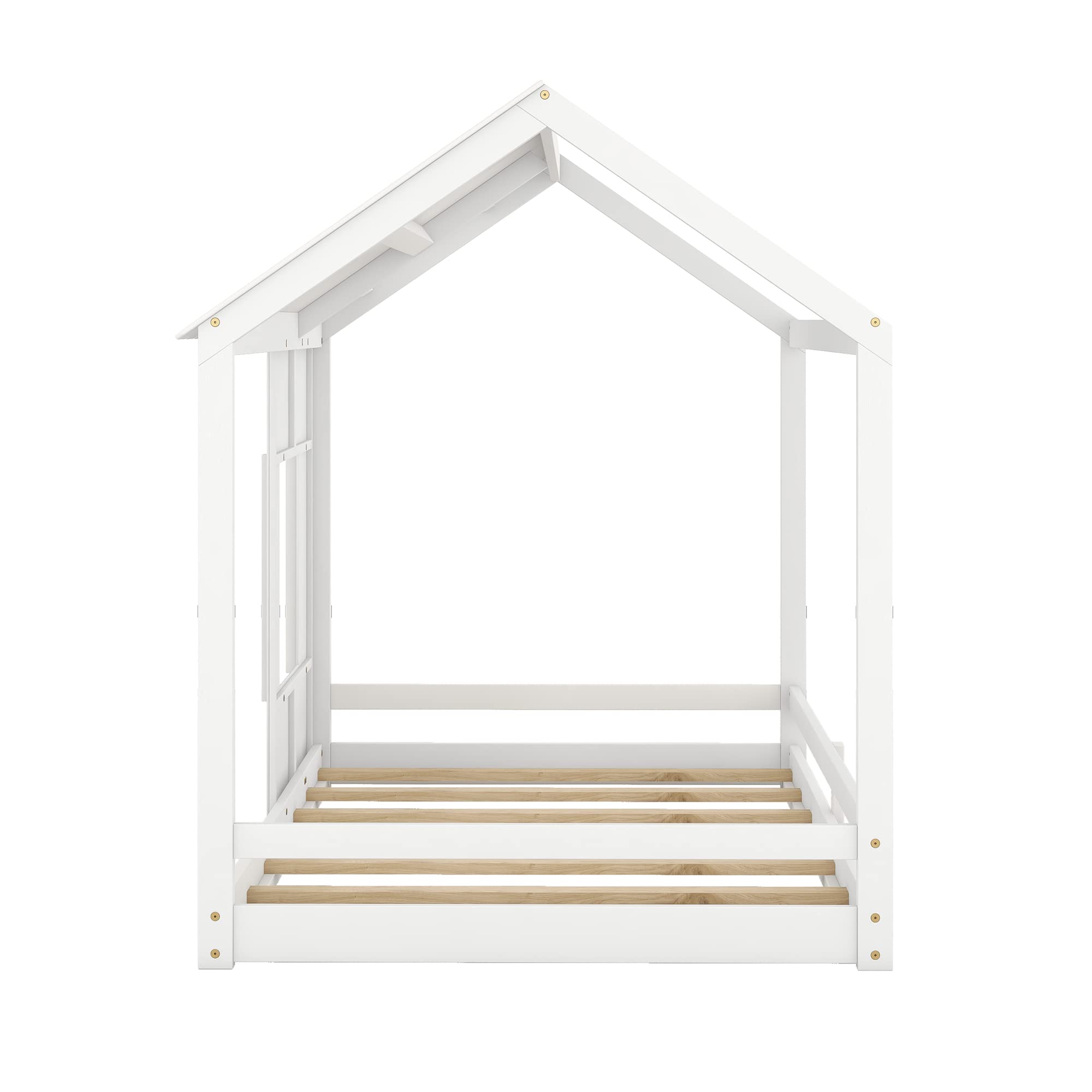 Montessori Twin Size Floor Bed with Roof & Window - Solid Wood Platform Bed Frame for Kids, Teens, Girls & Boys - White - Perfect for Playrooms, Bedrooms & Montessori Learning Spaces