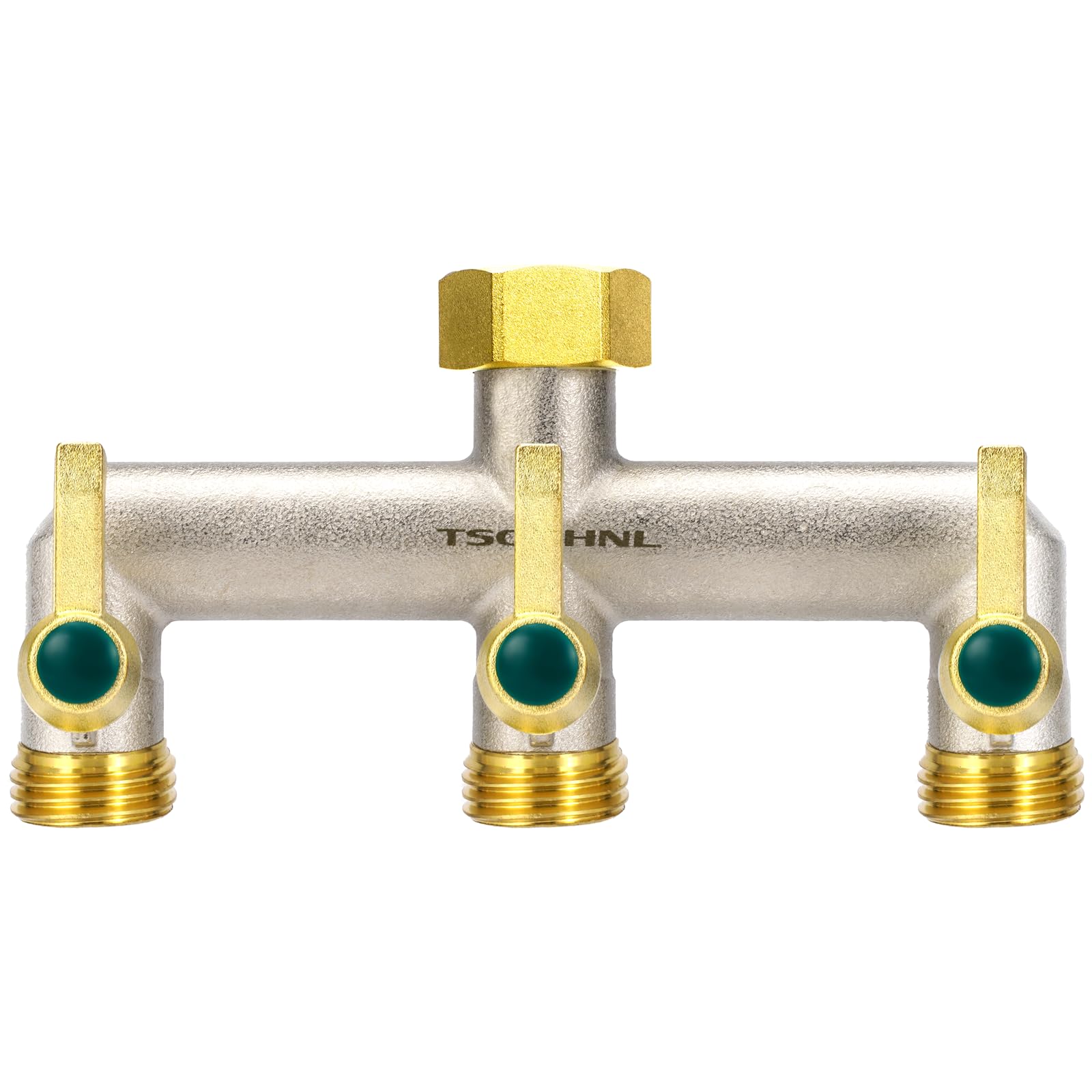 3-Way Garden Hose Splitter - Heavy Duty Brass Nickel Plated Faucet Diverter with 3 Extended Metal Handles, 3/4-Inch GHT Hex Female Inlet & Male Outlet - Perfect for Outdoor Watering, Sprinkler Systems & Multiple Hose Connections