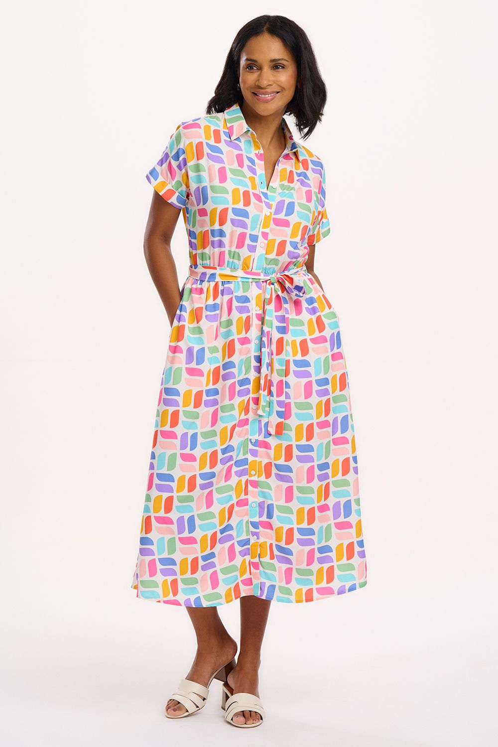 Leigh Midi Shirt Dress - Off White with Curved Geometric Pattern | Women's Casual & Office Wear | Perfect for Spring & Summer Outfits