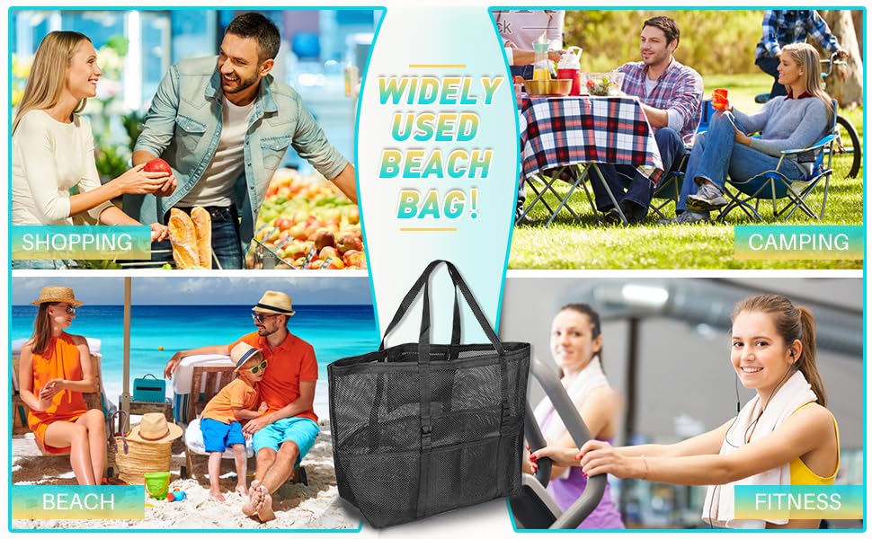 HirTa Gab Mesh Tote Hobo Beach Bag for Women - Sandproof, Durable with Multiple Pockets - Stylish Shopping & Pool Bag for Swimming, Travel & Daily Use - Mesh Black - Perfect for Beach Outings, Gym Visits and Summer Vacations