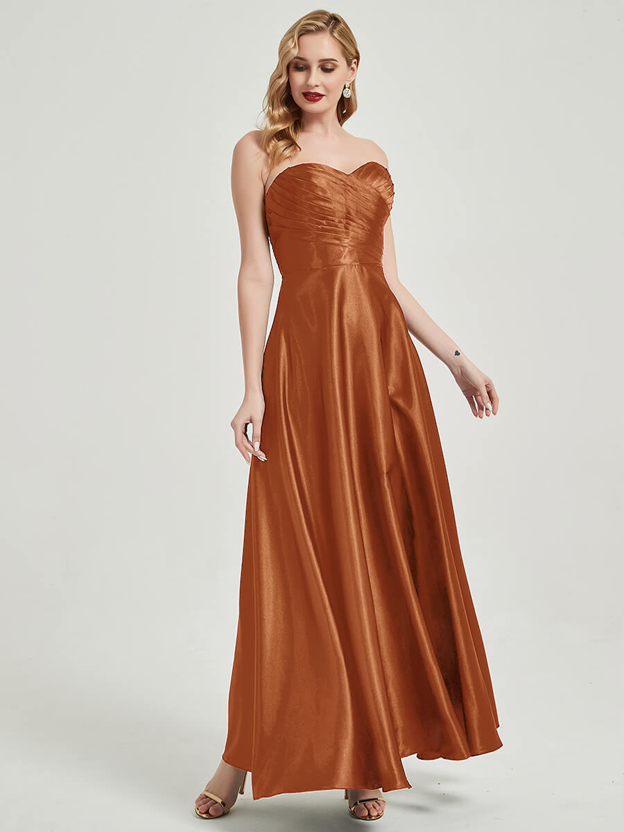Elegant Cooper Satin Sweetheart Strapless Floor-Length Pleated Bridesmaid Dress for Weddings & Formal Events - Perfect for Bridal Party, Prom & Evening Occasions