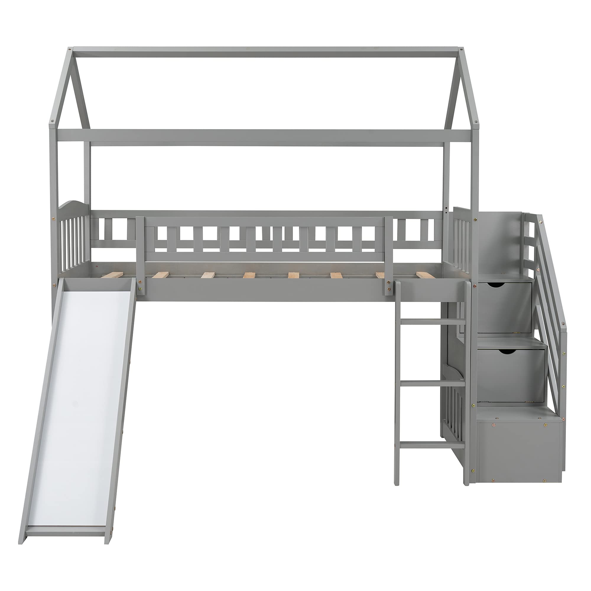 **Kids Twin Loft Bed with Slide & Storage - Solid Wood House Loft Bed with Pitched Roof, Guardrails, 3-Step Stairs, 2 Drawers (Gray & Wood) - Perfect for Small Bedrooms, Playrooms & Space-Saving Kids' Rooms**