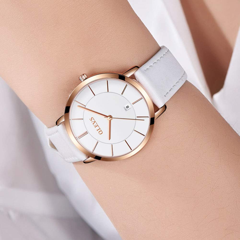 OLEVS Women's Waterproof Analog Quartz Watch - Ultra Thin White Leather Strap with Date Calendar - Elegant Wristwatch for Women - Perfect Gift for Her - Ideal for Office, Party & Everyday Wear