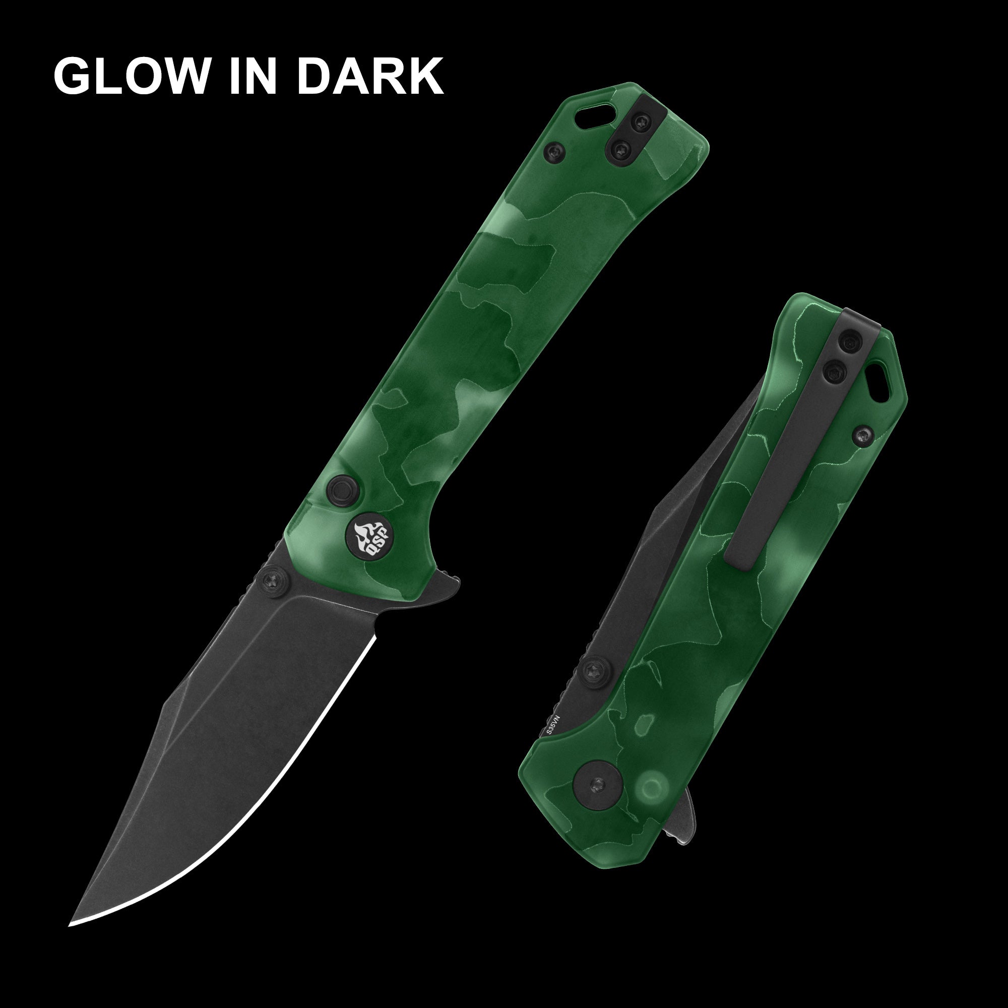 QSP Grebe Button Lock Pocket Knife - S35VN Steel Blade with Raffir Resin Glow in Dark Handle - EDC, Camping, Hiking & Outdoor Survival Tool