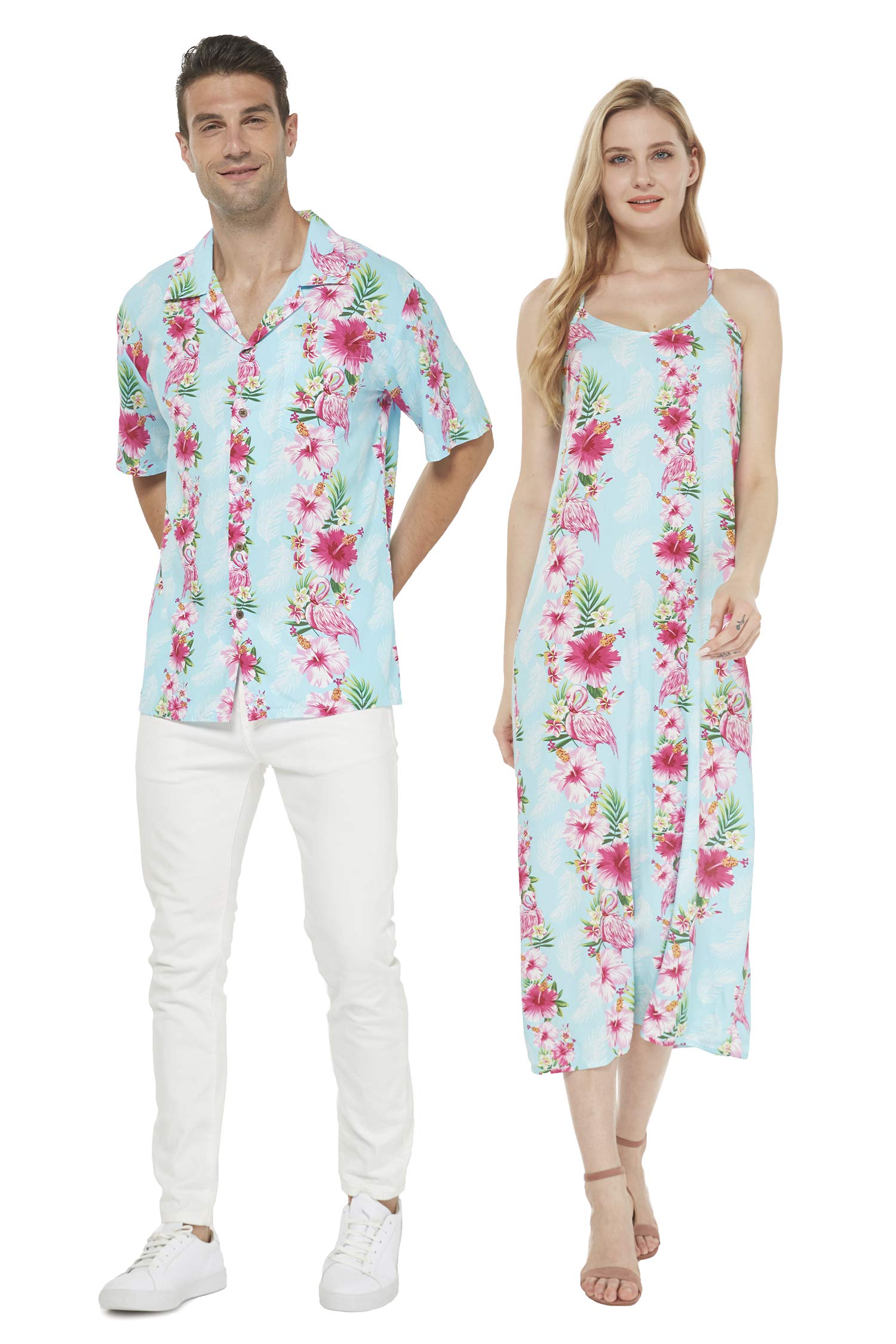 Matching Couple Hawaiian Luau Shirts & Maxi Sweetheart Dress Set - Pink Hibiscus Vine Print for Beach Vacation, Summer Party, and Tropical Theme Date Night