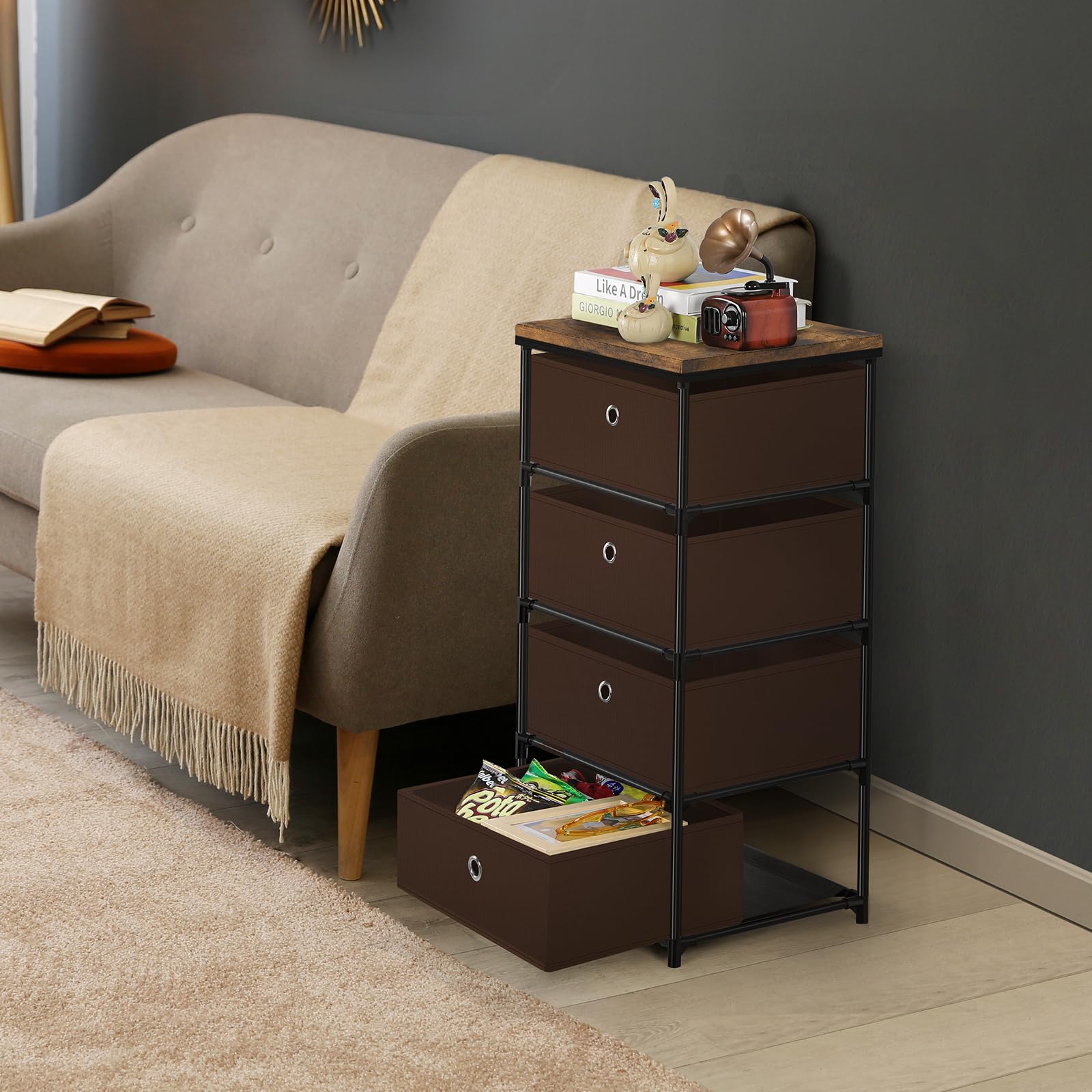 MOOACE 4-Drawer Fabric Storage Dresser - Clothes Organizer & Storage Tower for Bedroom - Small Fabric Chest of Drawers - Brown - Perfect for Closet Organization, Nursery Storage & Small Space Living