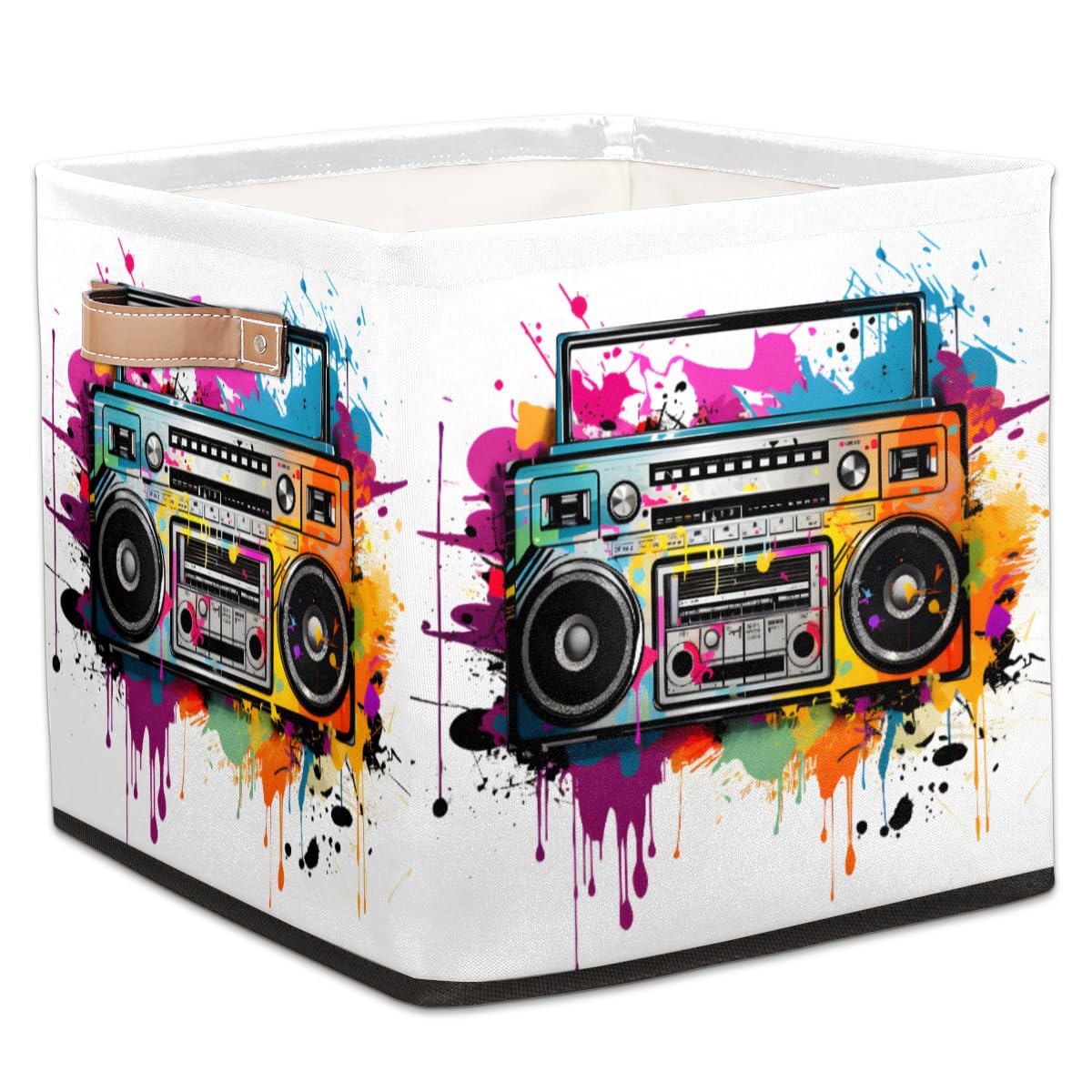 Colorful Radio Print 13 Inch Fabric Storage Cube Bin with Leather Handles - Foldable Closet Organizer Basket for Bedroom, Living Room, Shelves & Kids' Toy Storage - Perfect for Home Organization & Decor
