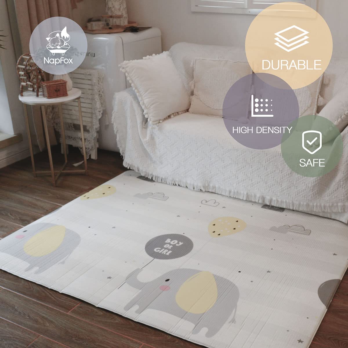 **Non-Toxic Baby Play Mat for Floor – Reversible Foam Crawling Mat for Infants & Toddlers | Waterproof, One-Piece Design | Elephant Print – Perfect for Nursery, Playroom & Daycare**