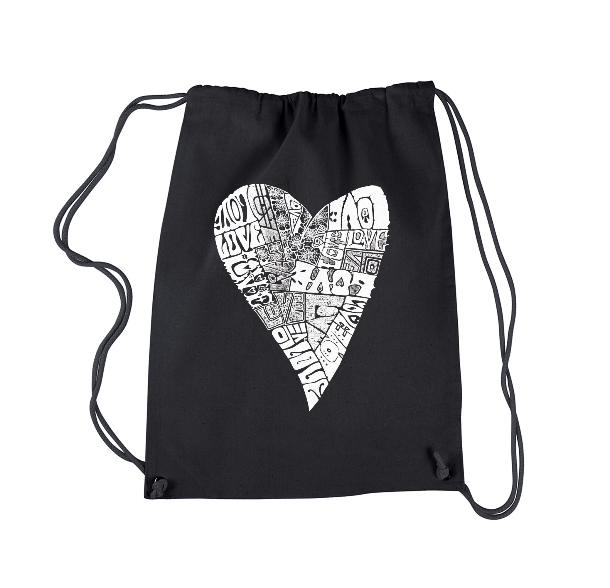 LA POP ART Drawstring Word Art Backpack - 'Lots of Love' Design - Stylish Black Daypack for School, Travel & Casual Use