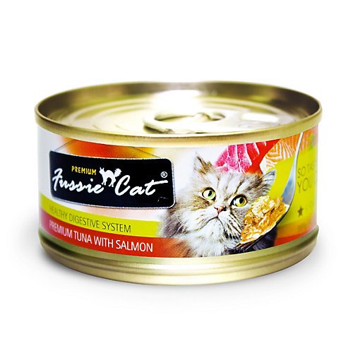 Premium Fussie Cat Tuna & Salmon Canned Cat Food - 24 Pack | Grain-Free, High-Protein Wet Cat Food for Adult & Senior Cats | Perfect for Mealtime, Travel & Emergency Kits