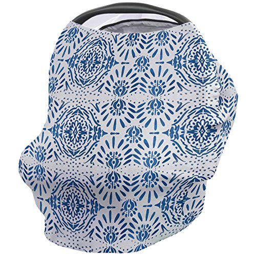 Breastfeeding Cover Scarf for Baby - Soft Stretchy Nursing Poncho with Blue Floral Tie-Dye Pattern, Car Seat & Stroller Privacy Cover for Boys & Girls - Vintage Ethnic Tribal Design - Perfect for Nursing in Public, Traveling, and Outdoor Activities
