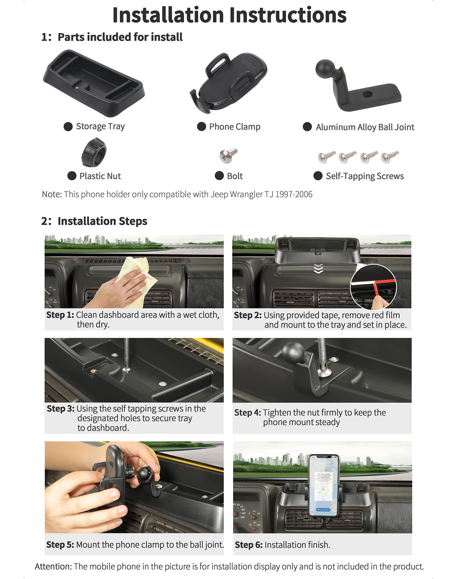 JeCar TJ Phone Holder Upgrade - Dash Cellphone Mount with Storage Tray for Jeep Wrangler TJ (1997-2006) | Interior Accessories | Secure & Convenient for Off-Roading & Daily Commute