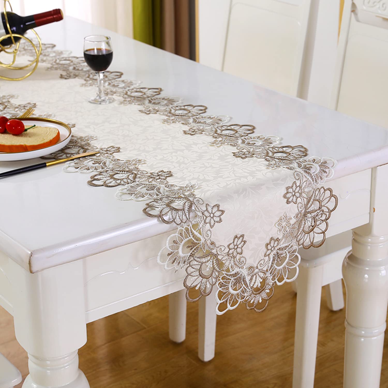 Arzoe Embroidered Lace Table Runner - Elegant Vintage Mantel Scarf for Dresser, Macrame Farmhouse Boho Rustic Cabinet & Dining Room Table Decoration, Perfect for Weddings, Parties & Home Decor