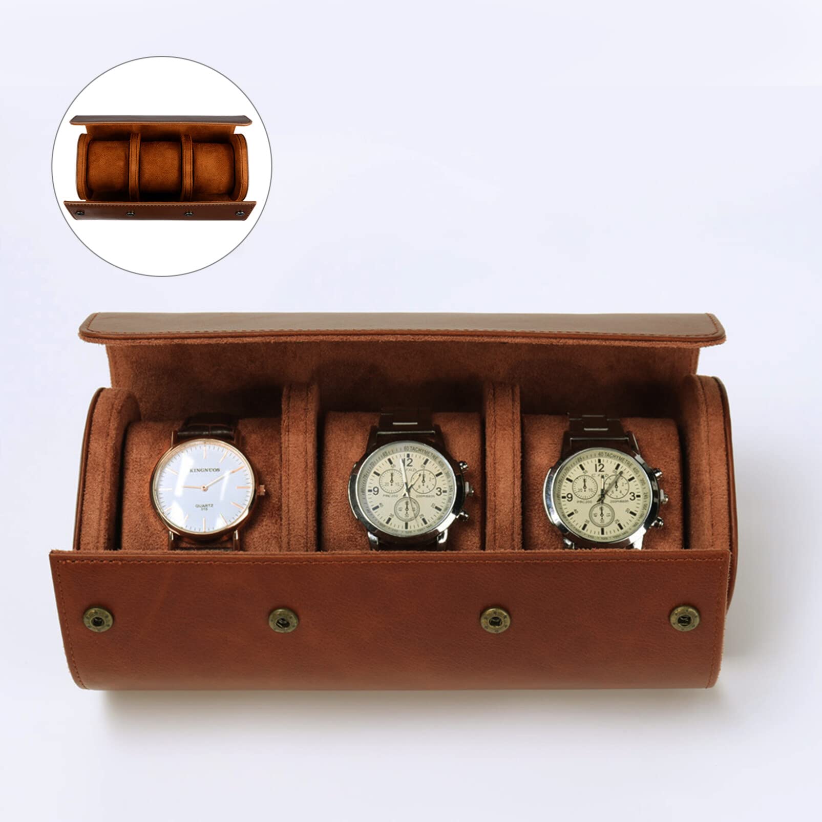 Totority 3-Slot Round Watch Box - PU Leather Travel Watch Organizer Case with Elastic Straps | Perfect for Home Storage, Travel & Jewelry Display