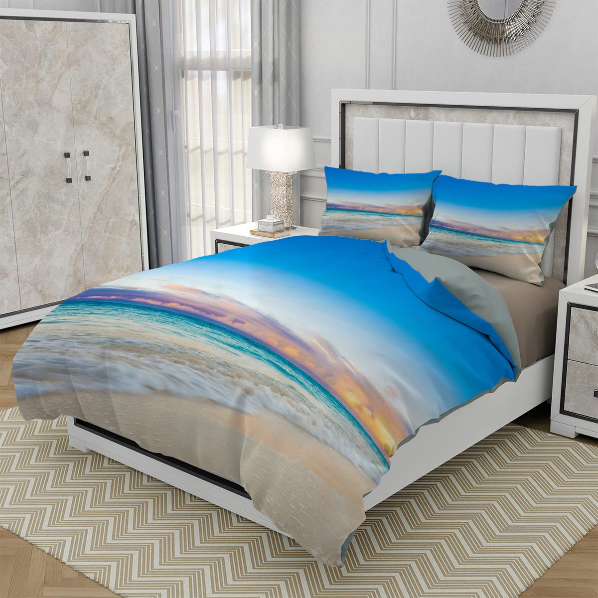Beach Sand Duvet Cover Set Twin Size - Coastal Blue Water Sunset Clouds 3-Piece Microfiber Bedding Set for Kids, Boys & Teens | Soft Comforter Cover with 2 Pillowcases | Perfect for Beach-Themed Bedrooms, Vacation Homes & Summer Decor