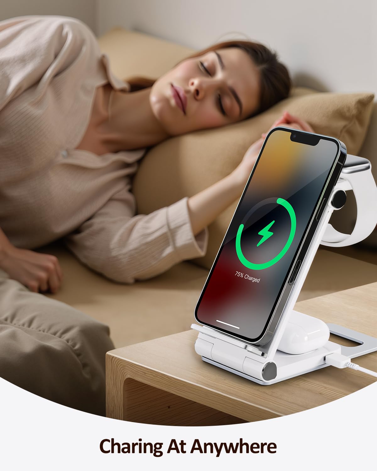 15W Fast Wireless Charger with Sleep-Friendly Adaptive Light - Compatible with iPhone 16/15/14/13 Pro/XS/8 Plus & Samsung Galaxy S23/S22/S21/Note 20 - Silver | Perfect for Bedside, Office & Travel Charging