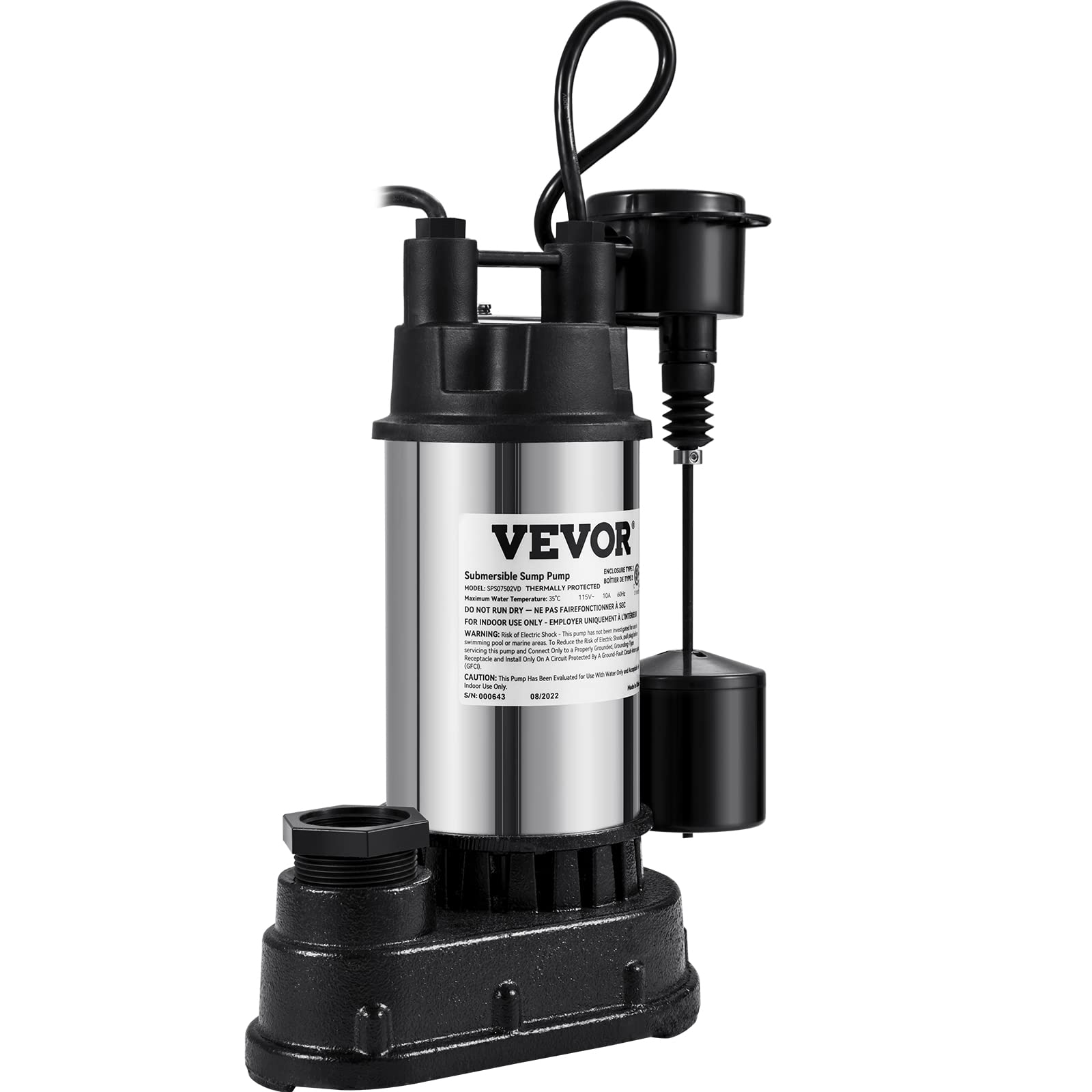 VEVOR 1.5 HP Submersible Sump Pump 6000 GPH - Cast Iron & Steel Construction with Vertical Float Switch - Heavy Duty Water Pump for Basement, Flooding Areas, Crawl Spaces & Emergency Water Removal