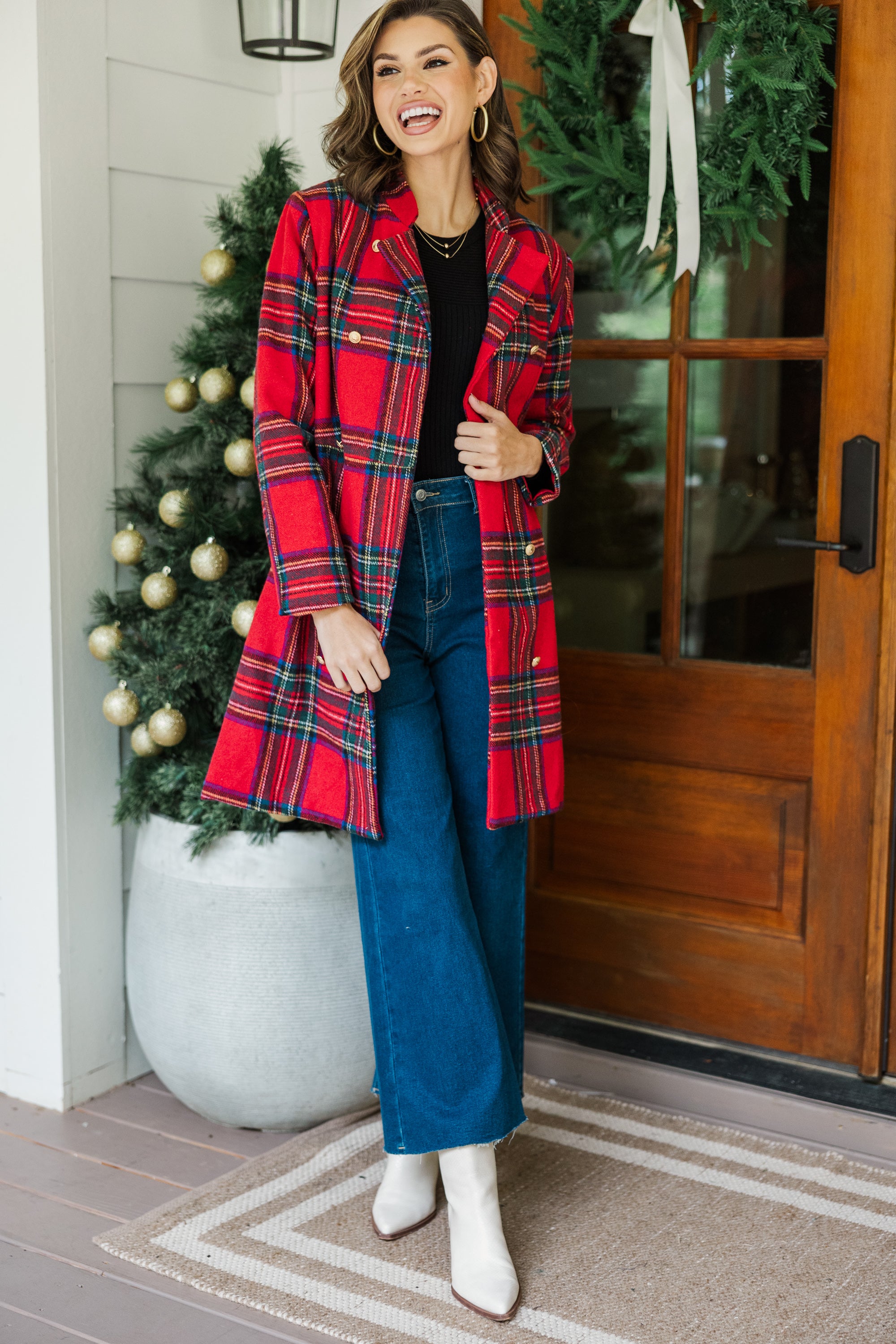 Stylish Red Plaid Coat for Women - Trendy Fall Winter Jacket with Pockets - Perfect for Urban Outfits, Office Wear & Casual Street Style