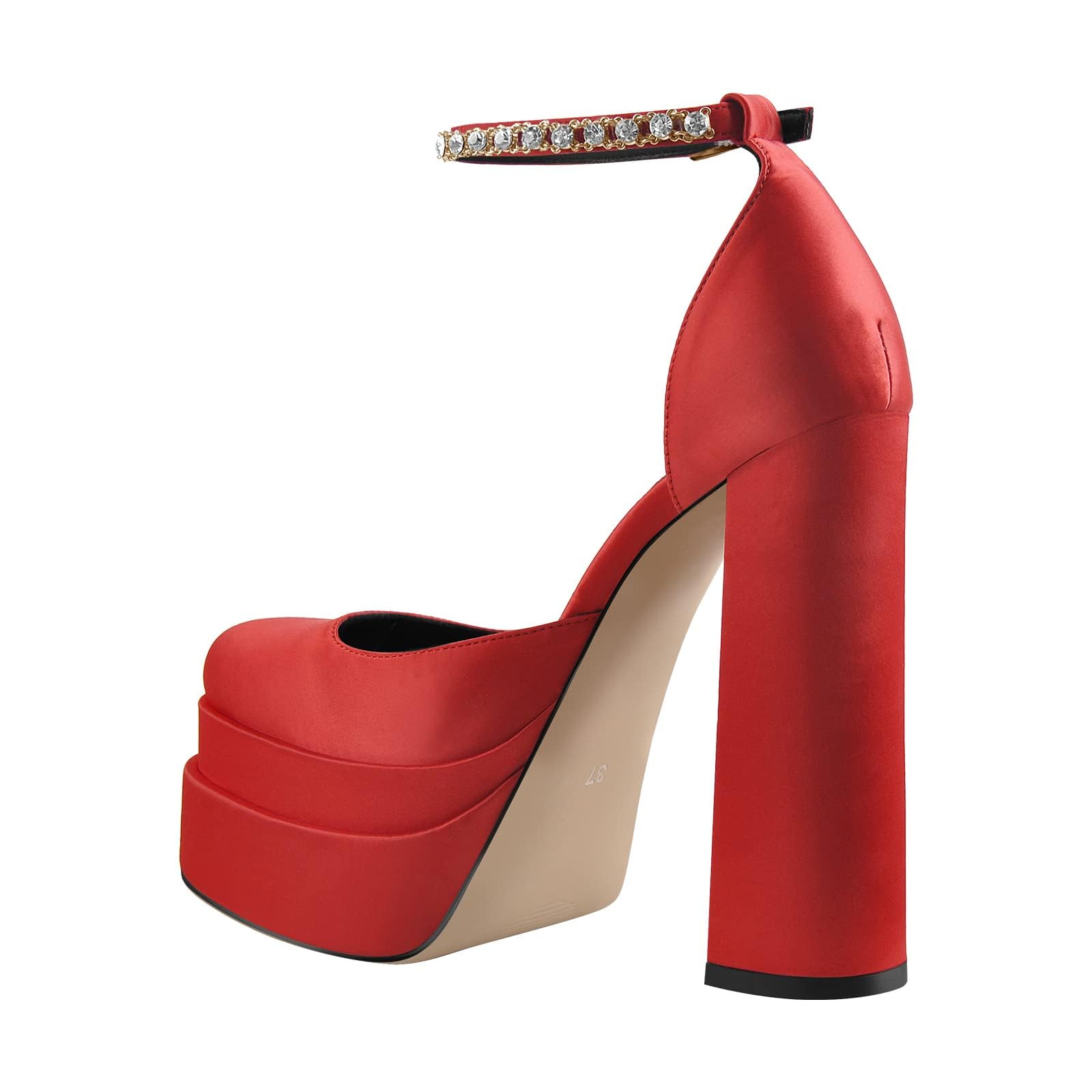 Women's Chunky Heel Platform Pumps - Square Toe Rhinestone Ankle Strap Satin Dress Shoes for Party, Wedding & Evening Events