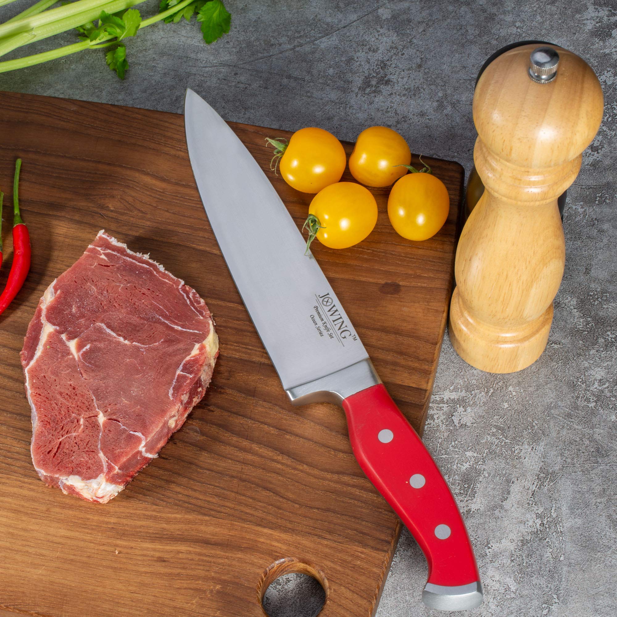 Premium 15-Piece German High Carbon Stainless Steel Kitchen Knife Set - Ocean Series Forged Full Tang Chef Knives with Rubber Wood Block (Red) - Perfect for Professional Chefs & Home Cooking