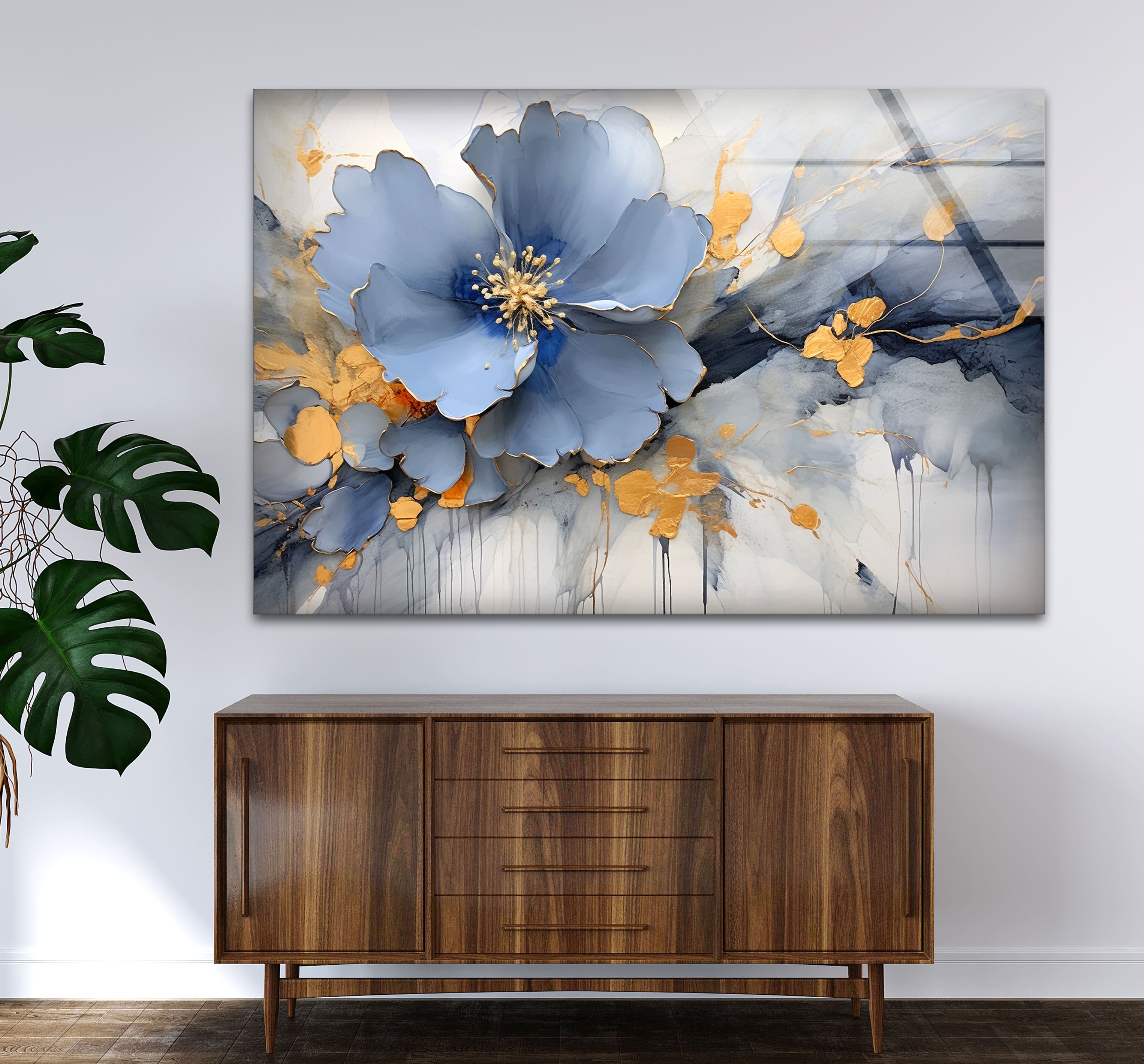 Blue Gold Blossom Wall Art - Elegant Floral Glass Print for Home Décor | Modern Botanical Painting for Living Room, Bedroom & Office | Perfect Housewarming Gift