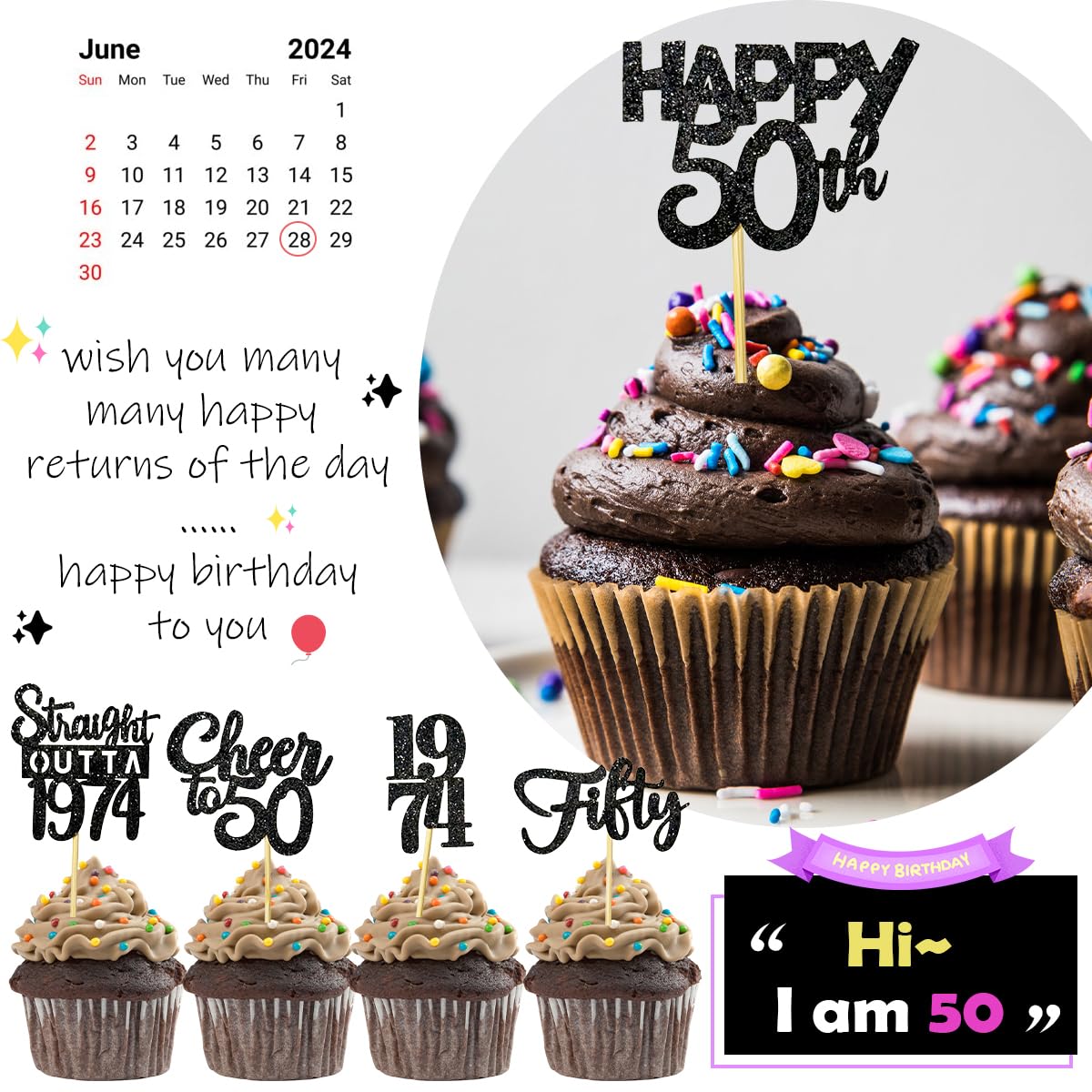 30PCS 50th Birthday Cupcake Toppers - Gold & Black 1974 Themed Party Decorations for Men & Women - Cheers to 50 Years Celebration Supplies for Anniversary Cakes, Desserts & Party Decor