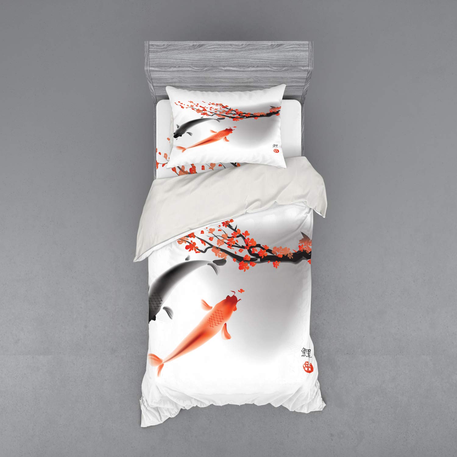 Ambesonne Japanese Koi Carp Fish & Cherry Blossom Duvet Cover Set - 3 Piece Twin Size Bedding with Sham & Fitted Sheet in Orange Grey - Perfect for Asian-Themed Bedrooms, Zen Decor & Cultural Home Styling