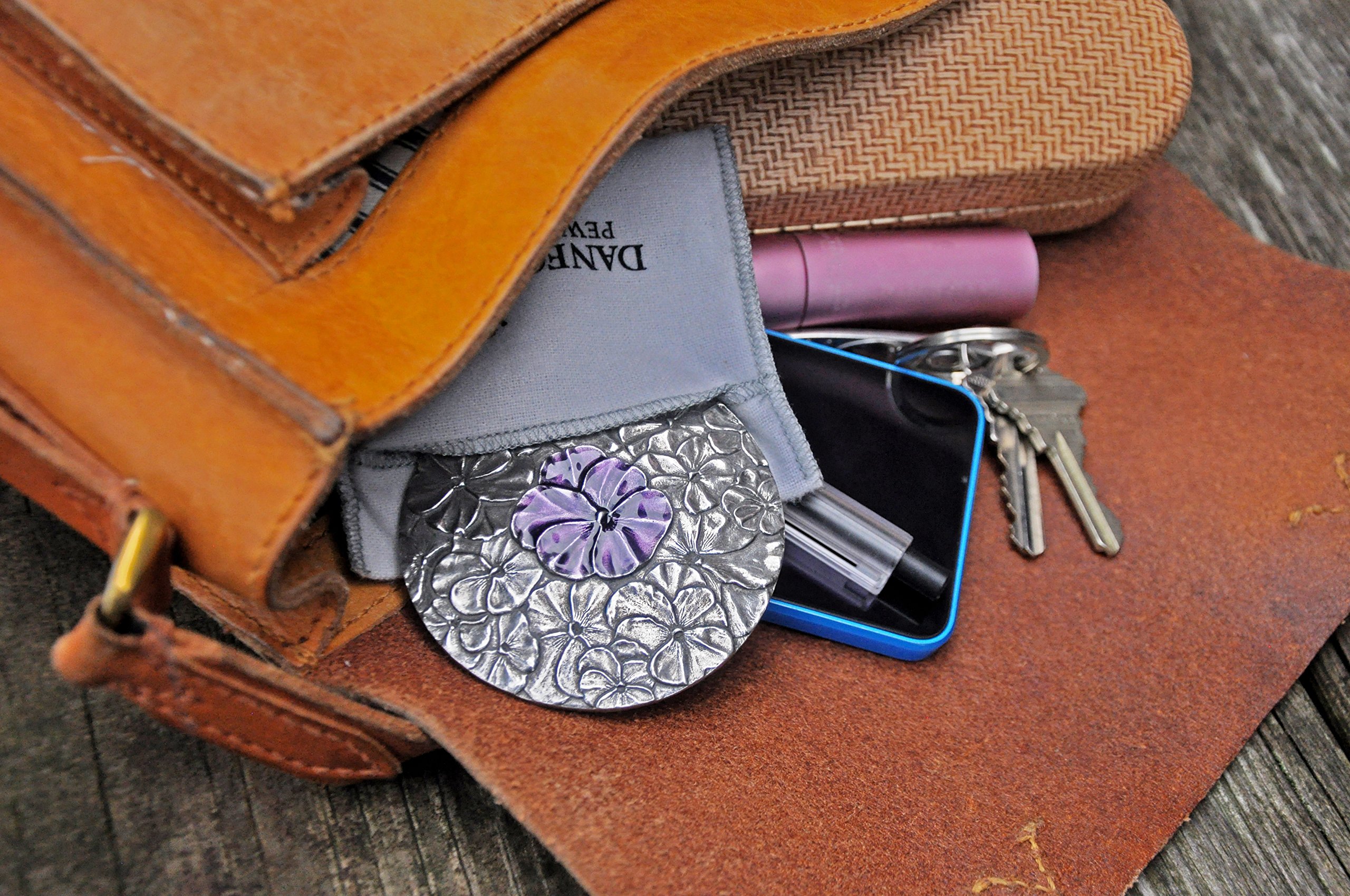 Handmade Pewter Pansy Purse Mirror for Women - 3 Inch Purple Flower Handheld Compact Mirror - USA Made Gift Accessories - Perfect for Makeup, Travel & Bridal Bouquet Decoration