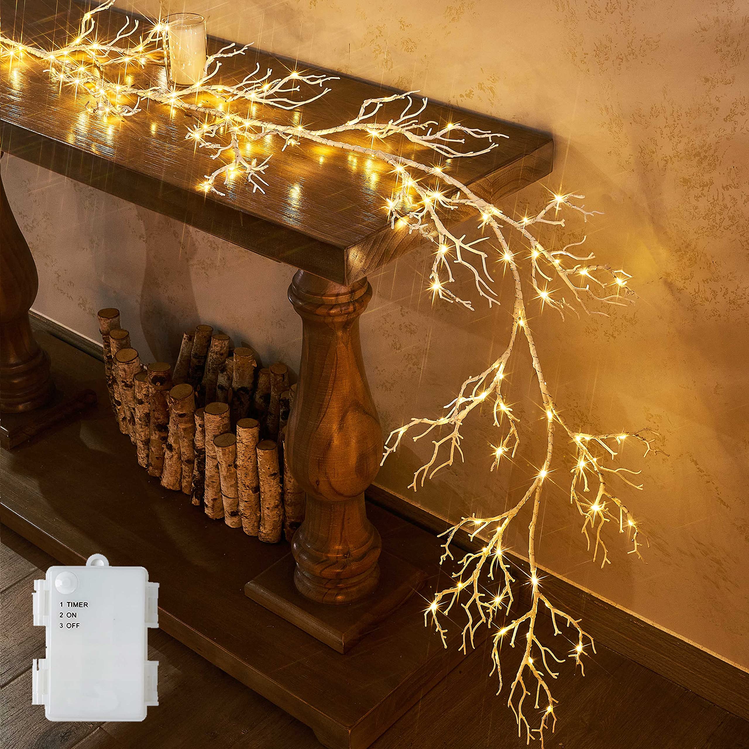 LITBLOOM 6FT LED Fairy Light Garland with Timer - 120 Battery Operated String Lights for Indoor/Outdoor Decor - Perfect for Christmas, Fireplace Mantle, Wedding, Party & Home Decoration