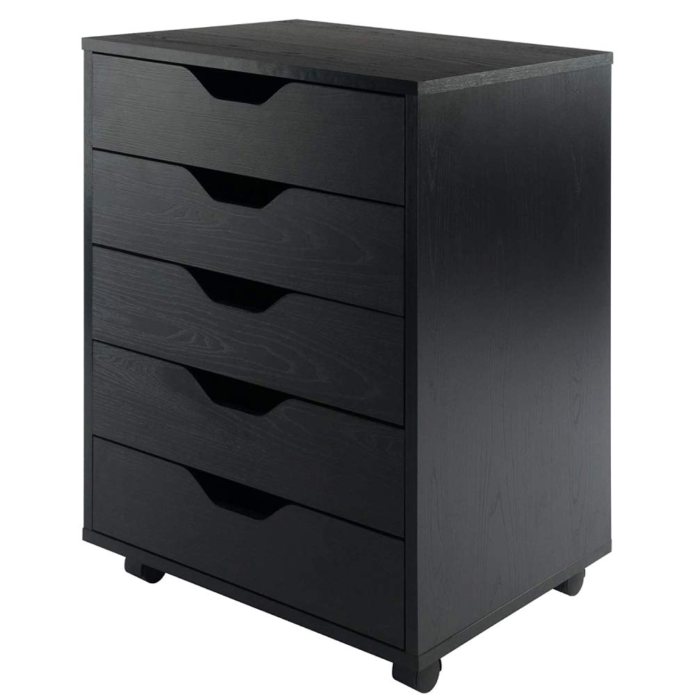 5-Drawer Mobile Wooden Filing Cabinet with Wheels - Vertical Storage Organizer for Home & Office - Black - Perfect for Documents, Files, and Office Supplies Storage