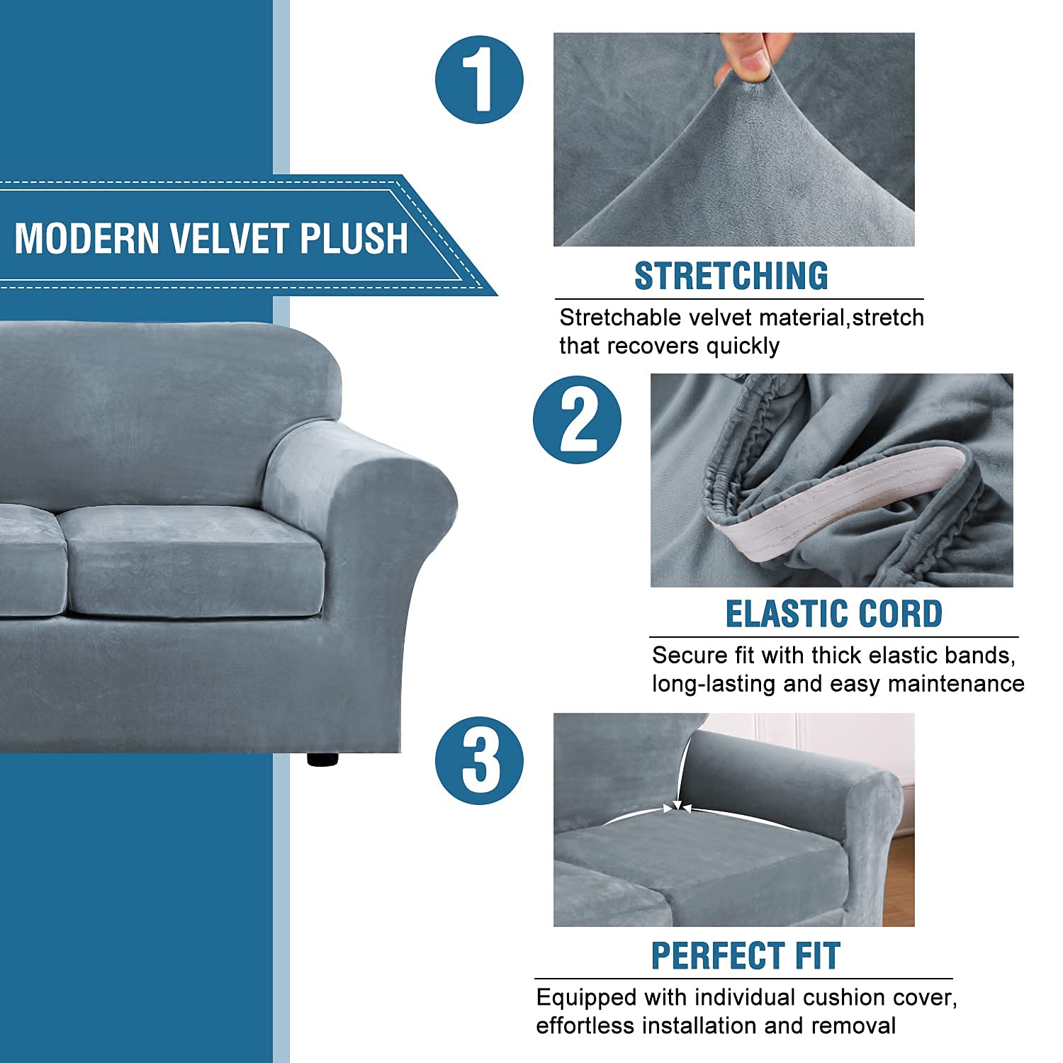 Luxury Velvet Plush Armchair & 3-Cushion Sofa Cover Set - Ultra Soft, Removable & Washable Furniture Protector in Stone Blue | Perfect for Living Room, Bedroom & Home Decor