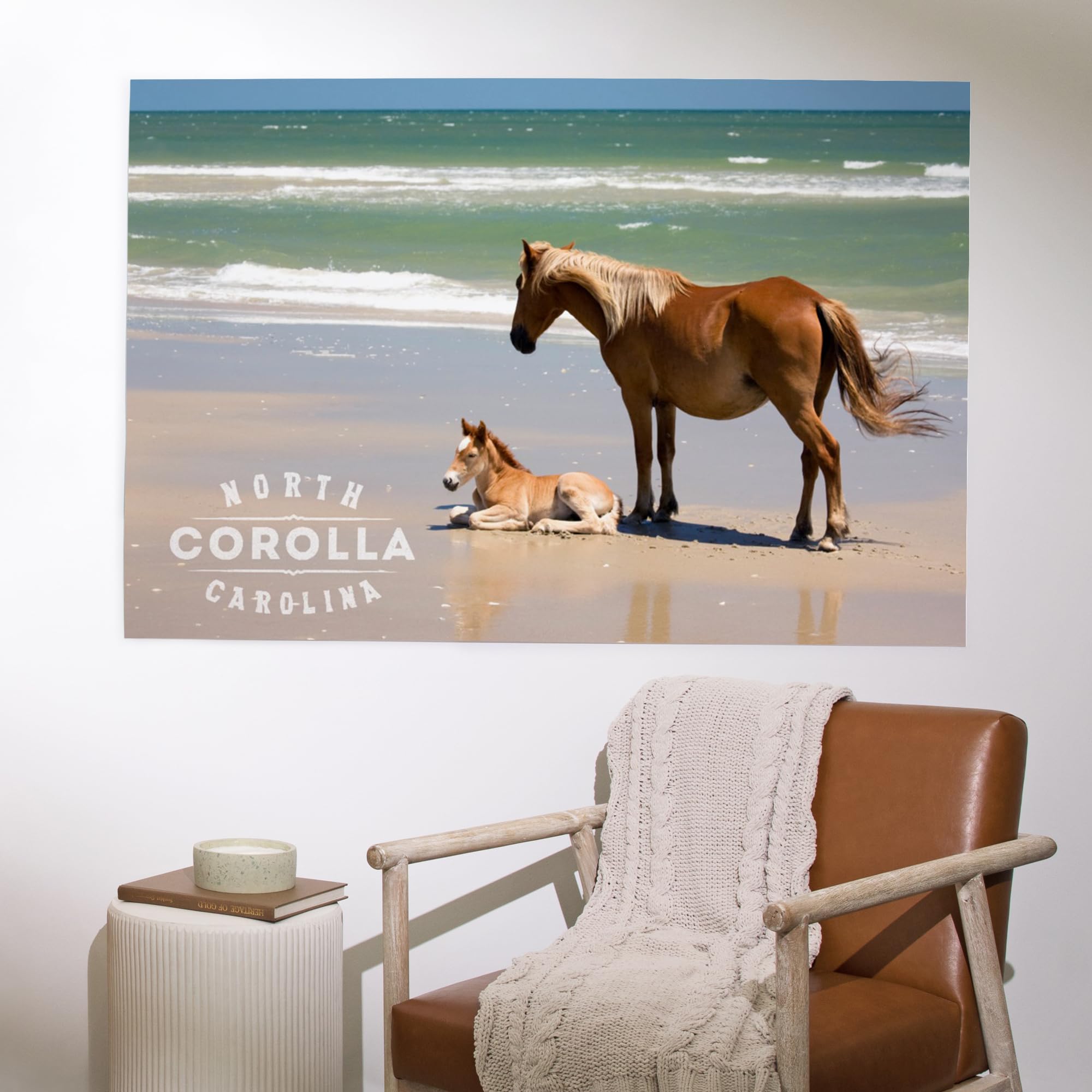 Lantern Press 36x54 Inch Giclee Art Print - Corolla Wild Horses on Beach Wall Decor | Banker Pony & Foal Coastal Art | Perfect for Living Room, Bedroom & Office Decor