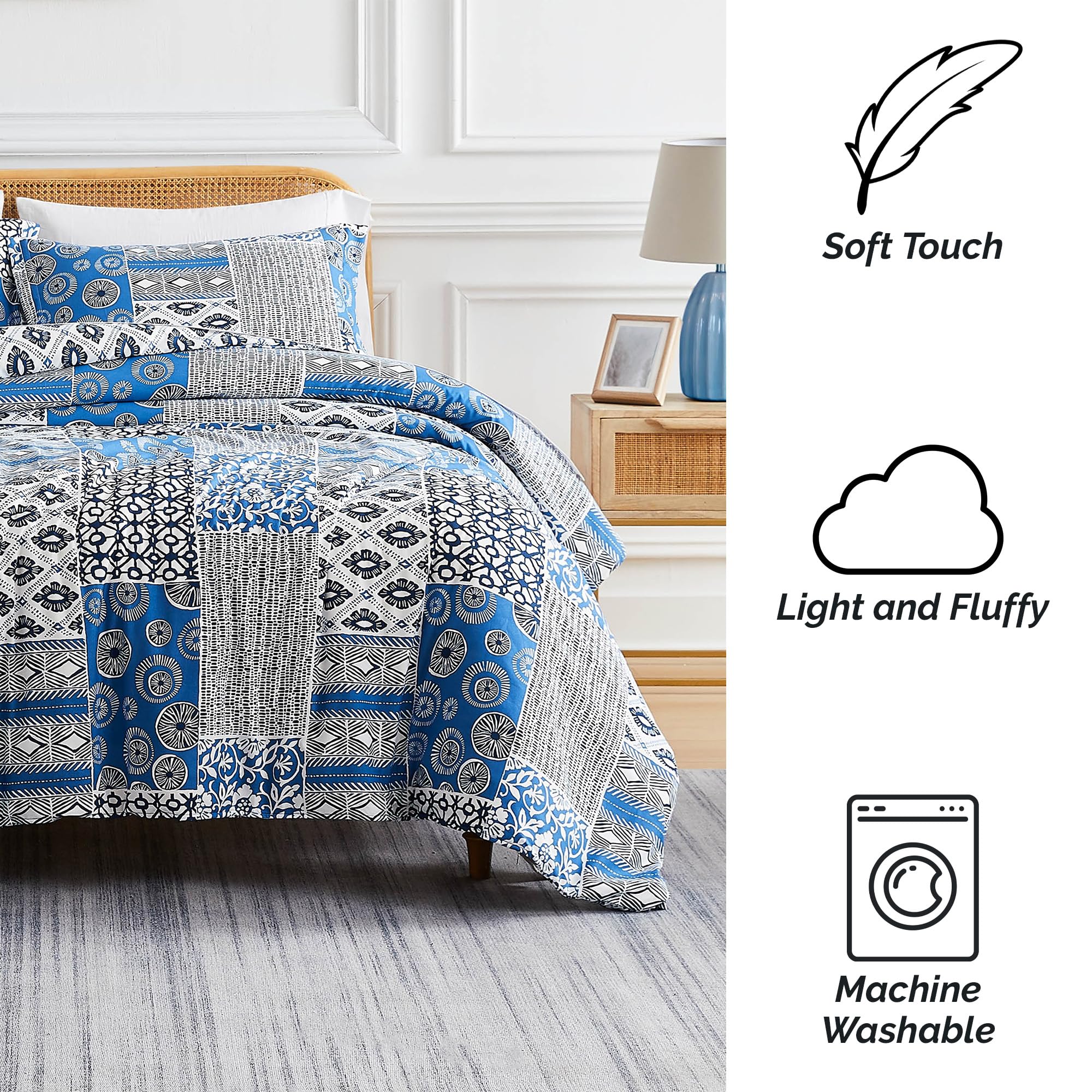 Reversible Twin/XL Comforter Set with Pillow Sham - Soft Microfiber Blue & White Patchwork Quilt | Down Alternative Bedding for Teens & Guest Rooms | Southshore Fine Living