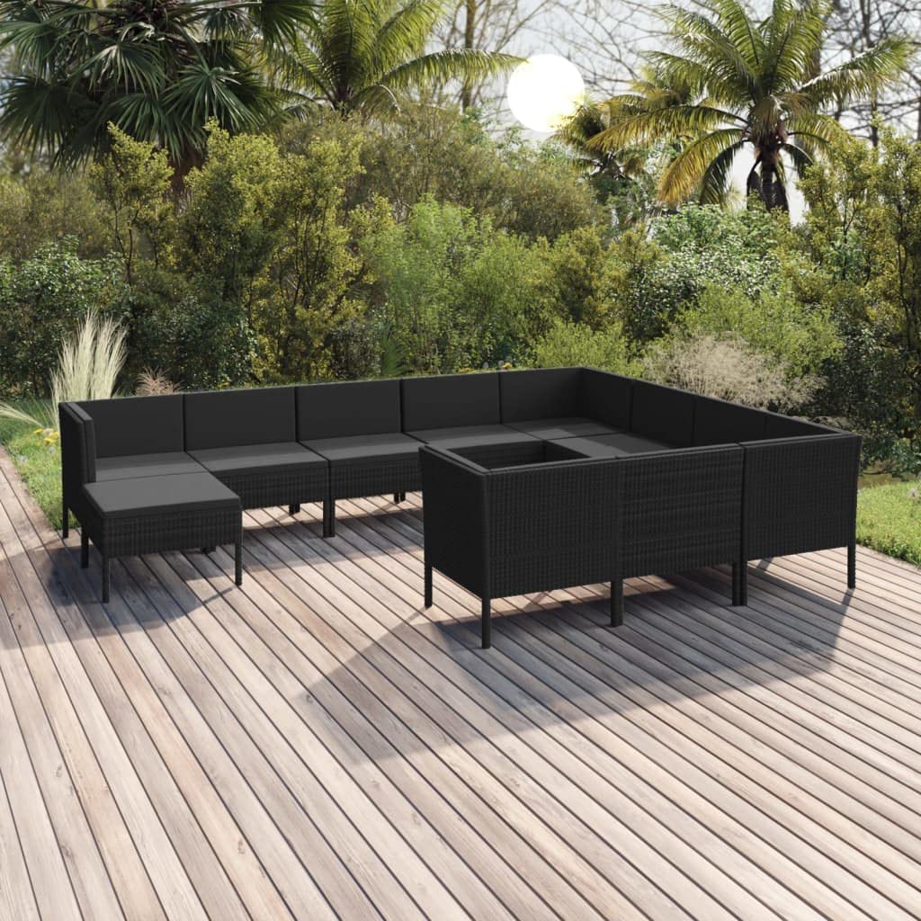 vidaXL 11-Piece Patio Lounge Set with Cushions - Black Poly Rattan Outdoor Furniture for Garden, Terrace & Yard - Perfect for Relaxing, Entertaining & Lounging