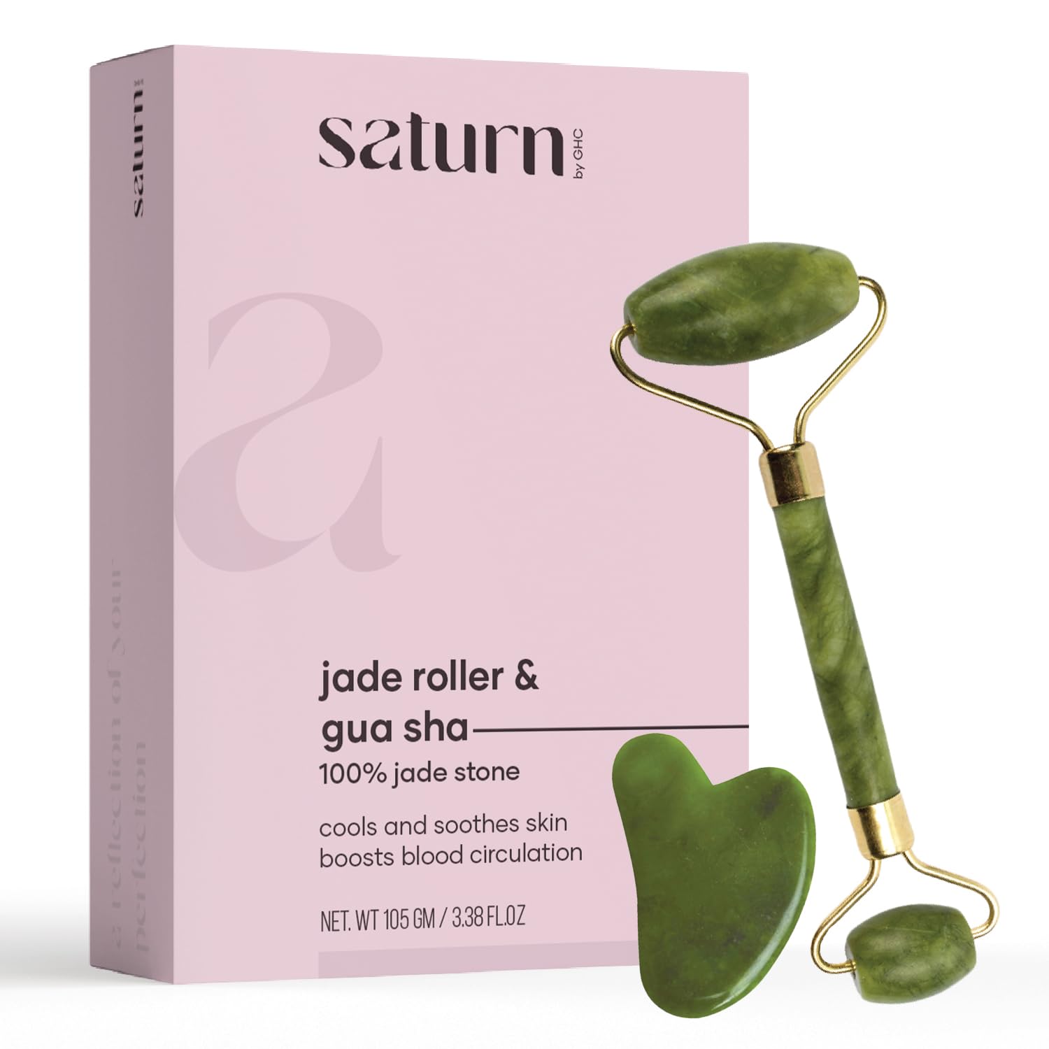 GHC Skin Care Saturn Combo: 5% Vitamin C Face Serum with Niacinamide & Natural Himalayan Stone Facial Massager (Jade Roller & Gua Sha) - Brightening, Glowing Skin | SLS-Free, Paraben-Free, 100% Vegan | All Skin Types | Perfect for Morning Routine & Nighttime Skincare