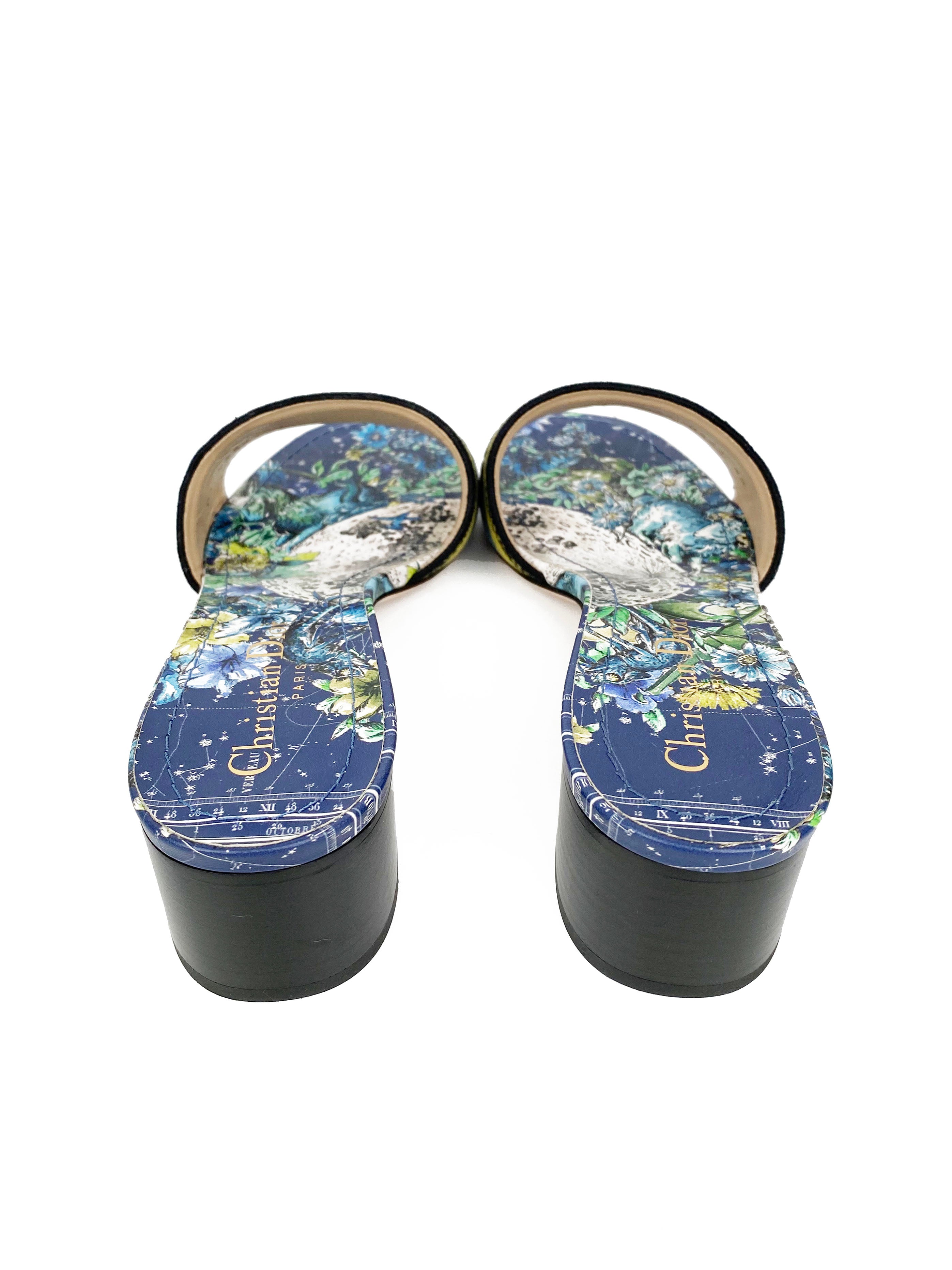 Dior Blue & Green Dway Heeled Slides Size 39 | Luxury Designer Sandals for Women | Perfect for Summer Outings, Beach Vacations & Special Occasions