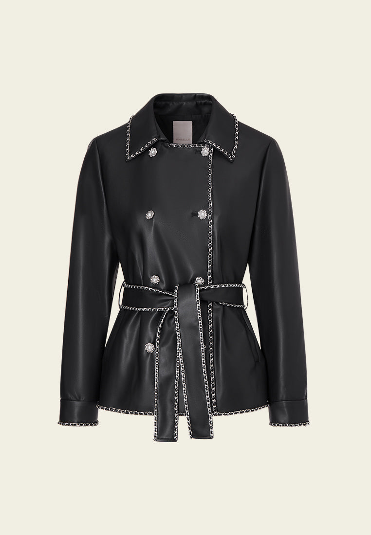 Vegan Leather Tie Waist Jacket for Women - Stylish Chain Detail Outerwear for Fall & Winter Fashion | Perfect for Office, Date Night & Casual Outings