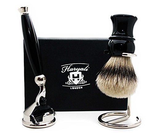 Premium 4-Piece Shaving Kit - Haryali London Silver Tip Badger Hair Shaving Brush, Ergonomic Triangular Cartridge Razor & Stainless Steel Stand - Luxury Wet Shaving Set for Men - Perfect Gift for Father's Day, Birthday & Travel