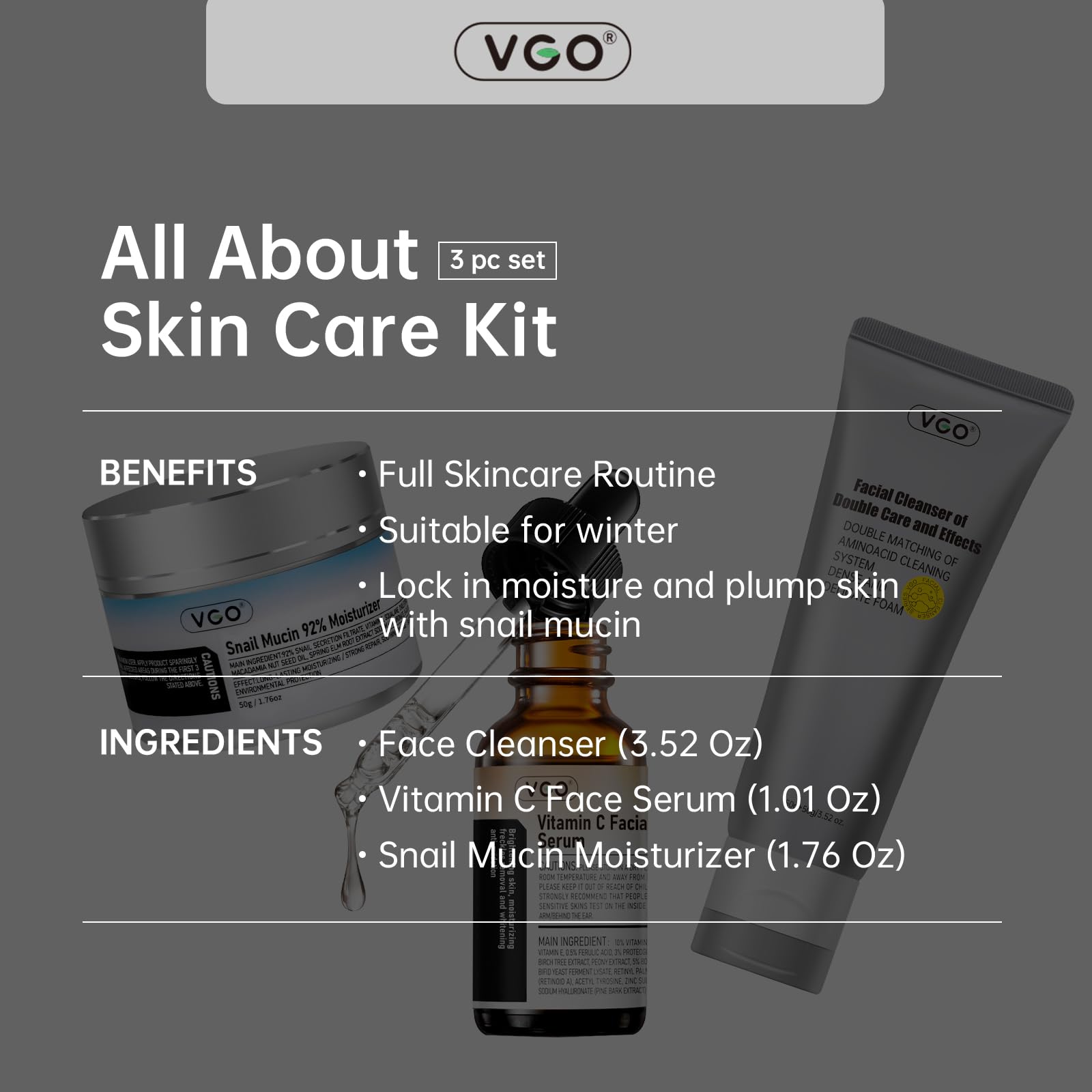 VGO 3-Step Facial Skin Care Set with Snail Mucin 92% Moisturizer (1.76 Oz), Vitamin C Serum (1.01 Oz) & Dual-Tube Cleanser (3.52 Oz) - Hydrating Anti-Aging Skincare Kit for Dry, Sensitive Skin - Perfect for Daily Routine & Travel Skincare Essentials