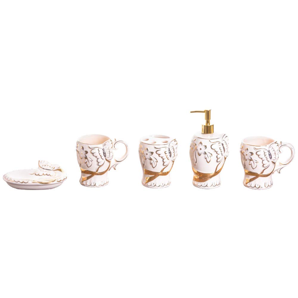 Vintage Ceramic Bathroom Accessories Set - 5 Piece White Embossed Butterfly Soap Dispenser, Toothbrush Holder, Soap Dish & 2 Tumblers for Home, Hotel & Spa Decor | Elegant Vanity Organizer for Modern Bathrooms
