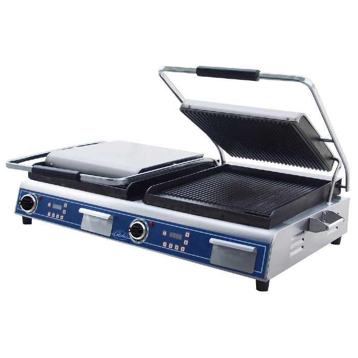 Premium Double Deluxe Grooved Plate Panini Grill - Globe GPGDUE14D - Perfect for Sandwiches, Paninis & Grilled Cheese at Home or Restaurant