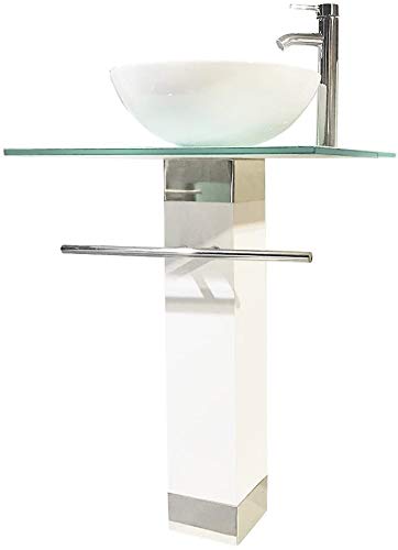 23 Inch White Bathroom Vanity Set with Wooden Pedestal, Tempered Glass Top & Ceramic Vessel Sink - Includes Faucet and Drain (Perfect for Modern Bathrooms & Small Spaces)