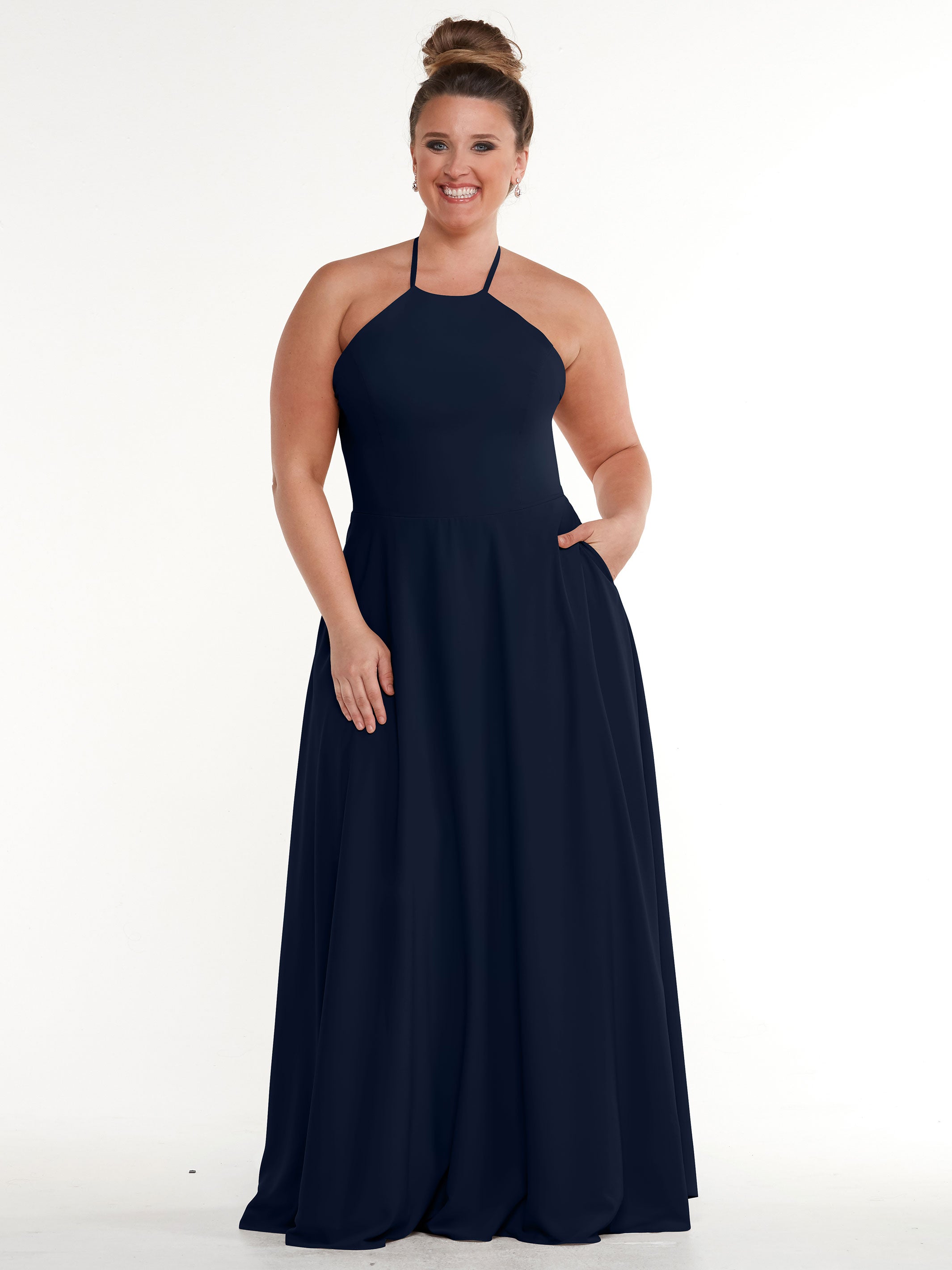 Elegant 83022 Stretch Chiffon Halter A-Line Bridesmaid Dress with Pockets - Perfect for Weddings, Parties & Formal Events